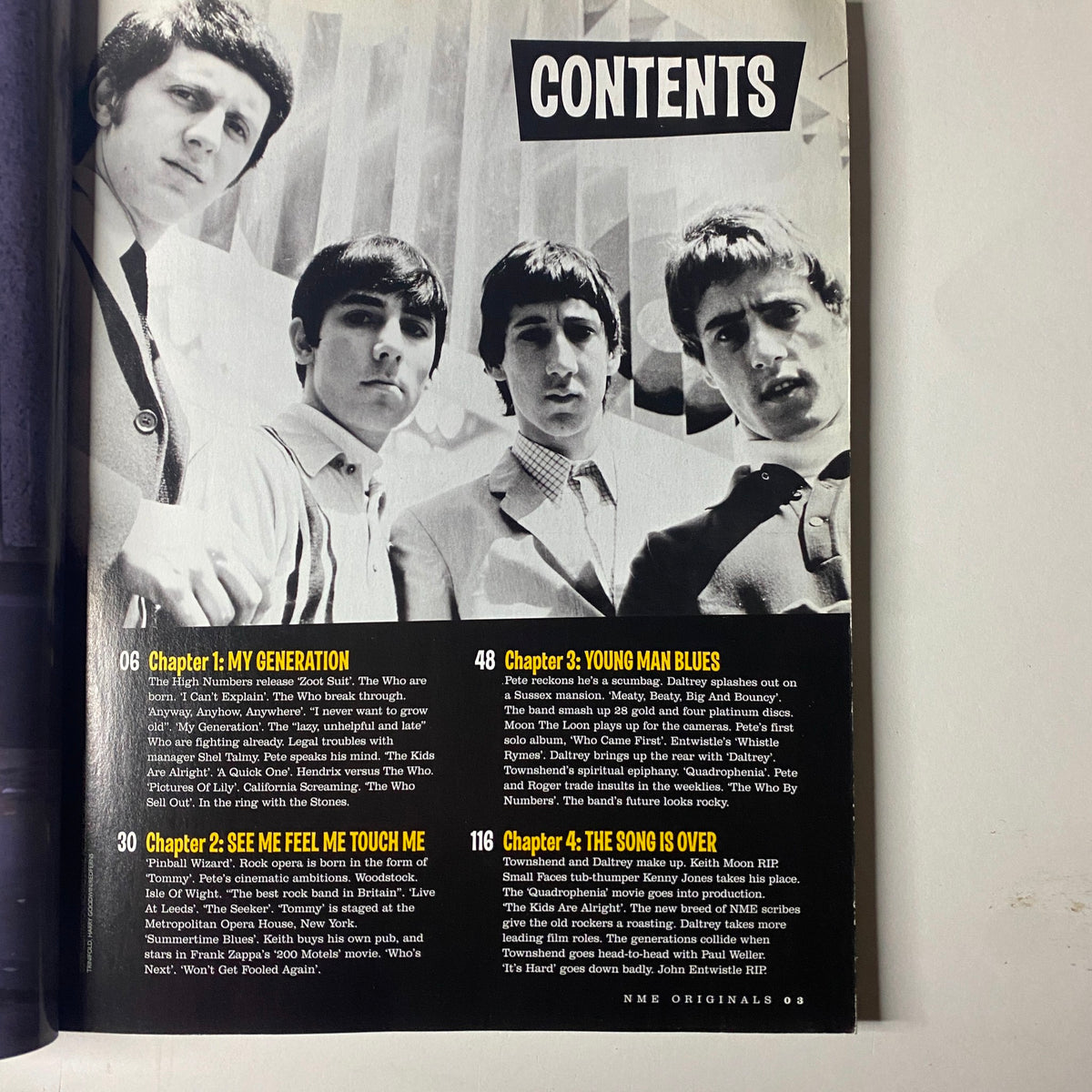 Contents page of NME Originals Magazine Vol 1 Issue 12 Uncut Presents The Who highlighting chapters about the band's history including 'My Generation' and 'Young Man Blues'.