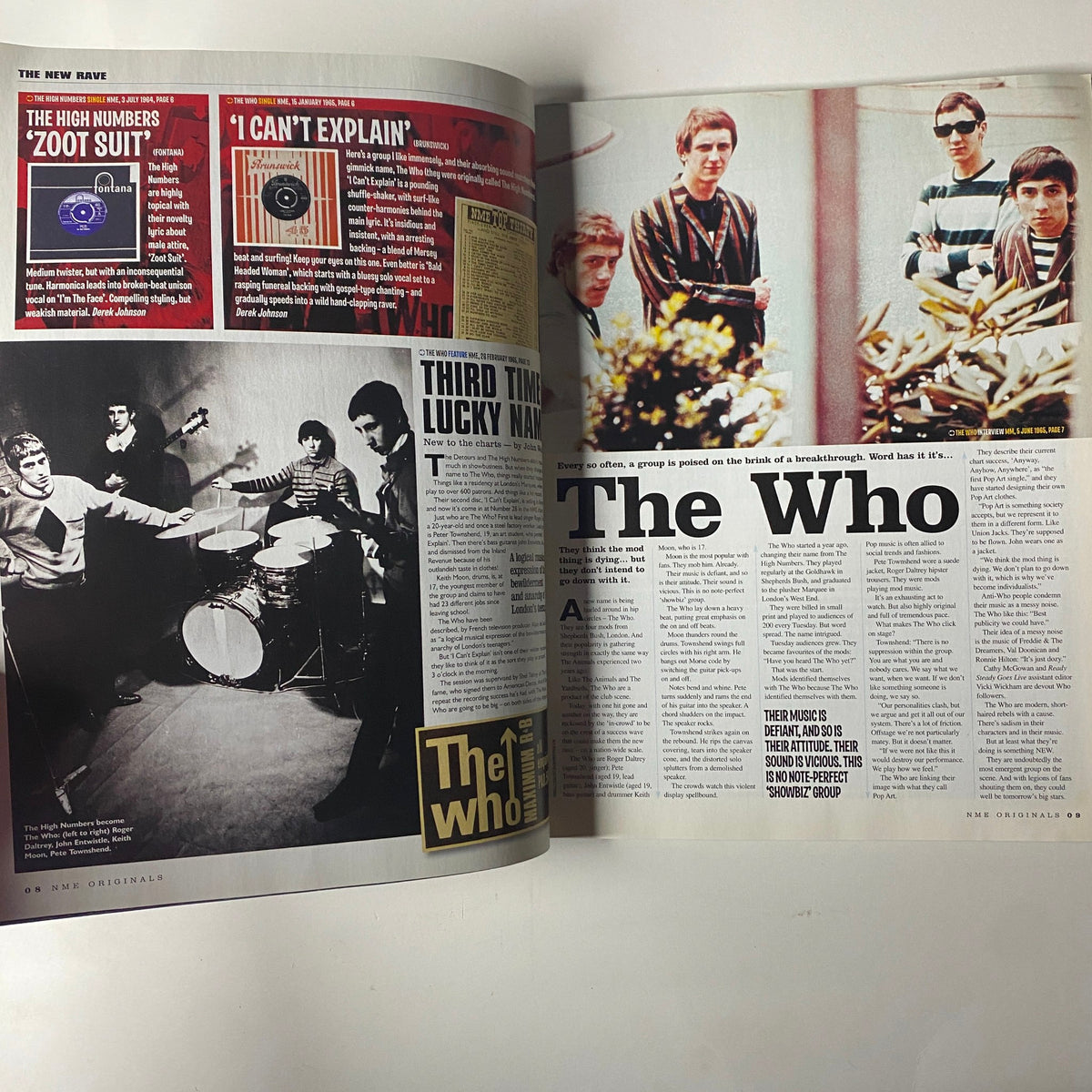 An article spread from NME Originals Magazine Vol 1 Issue 12 Uncut Presents The Who covering the band's early years with photographs of The High Numbers and promotional content.