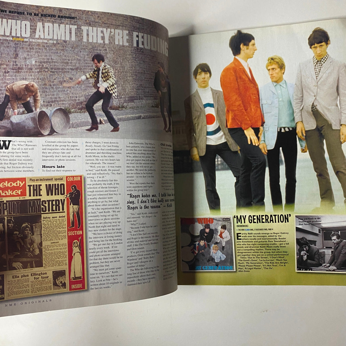A magazine spread from NME Originals Magazine Vol 1 Issue 12 Uncut Presents The Who featuring an article discussing band dynamics and photographs of The Who.
