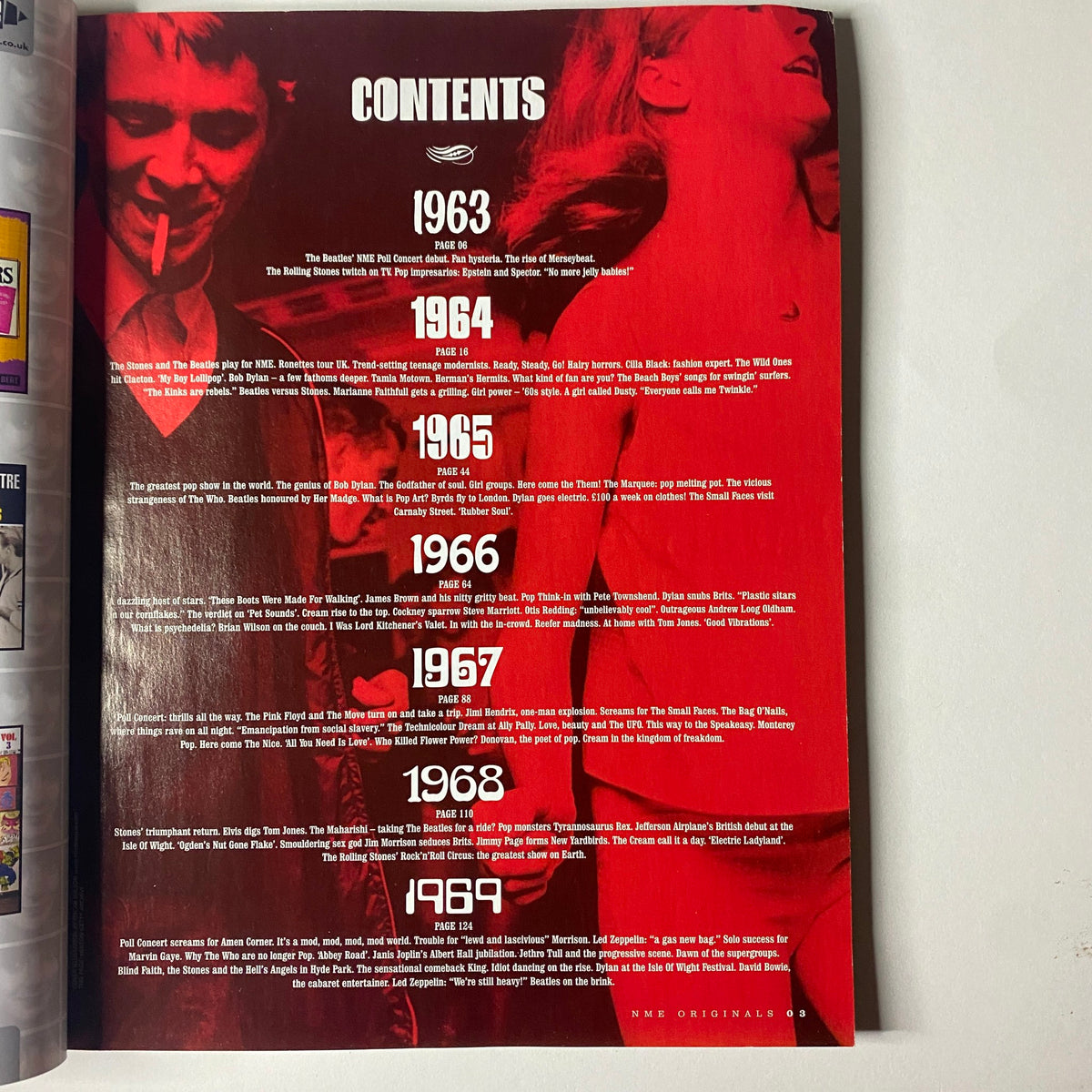 Contents page of NME Originals Magazine Vol. 1 Issue 11 – Uncut Presents: Swinging London, showcasing a detailed year-by-year breakdown of the influential moments in 1960s British pop culture.