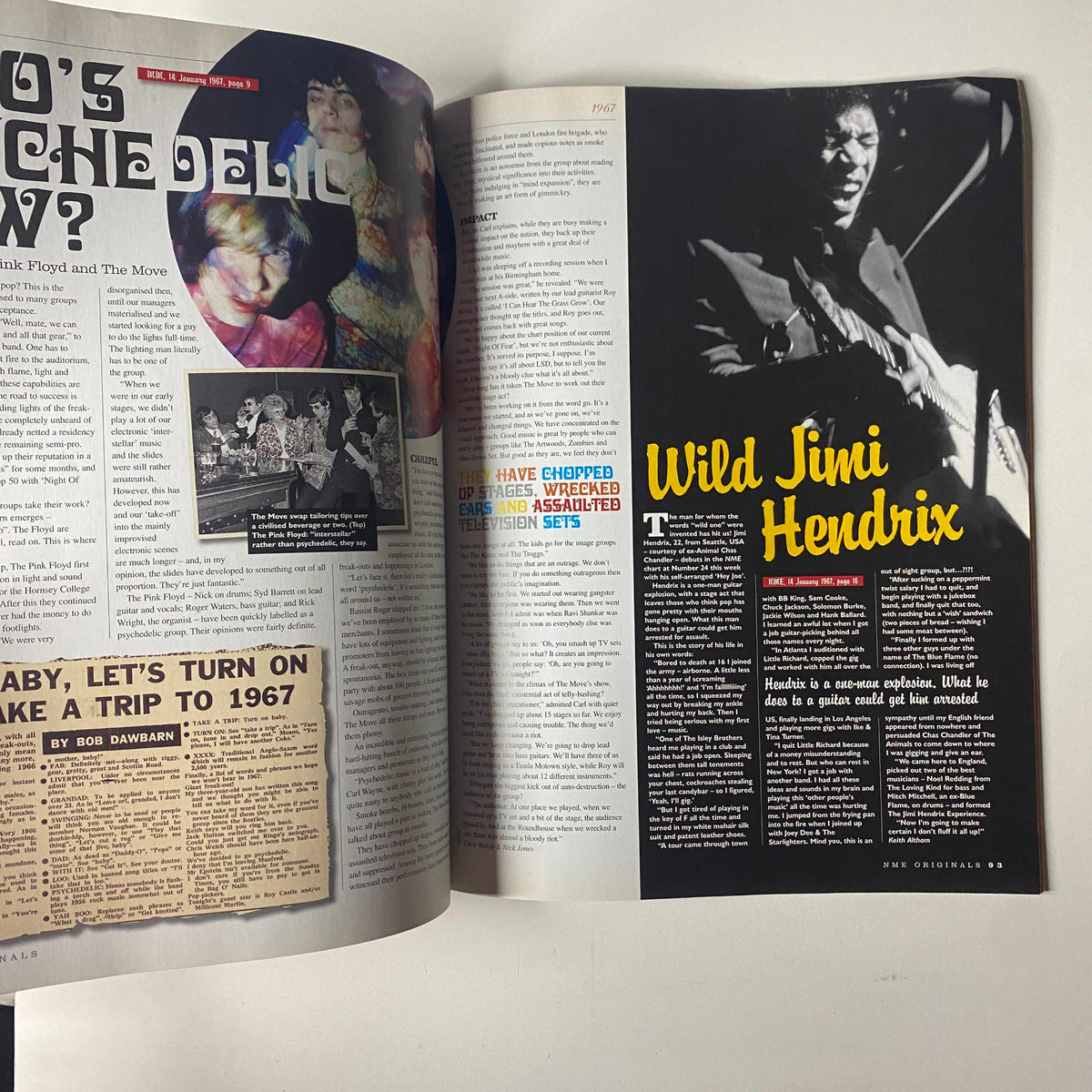 Inside pages of NME Originals Magazine Vol 1 Issue 11 Uncut Presents Swinging London featuring an article on Jimi Hendrix with a captivating image of the artist performance.