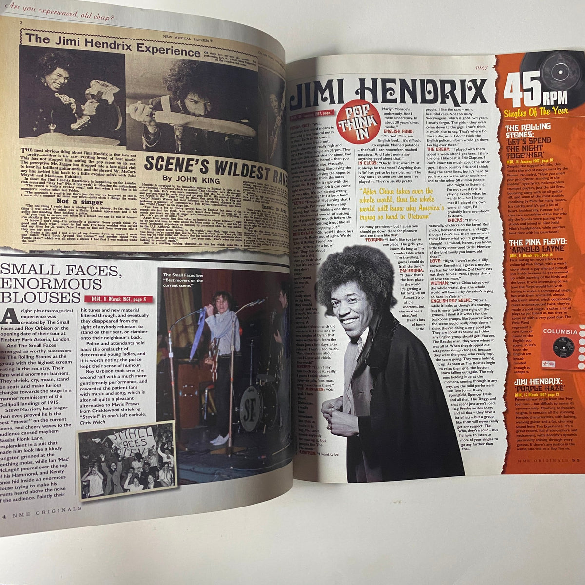 Inside pages of NME Originals Magazine Vol 1 Issue 11 Uncut Presents Swinging London showcasing Jimi Hendrix with vintage photographs and highlights of his impact in music.