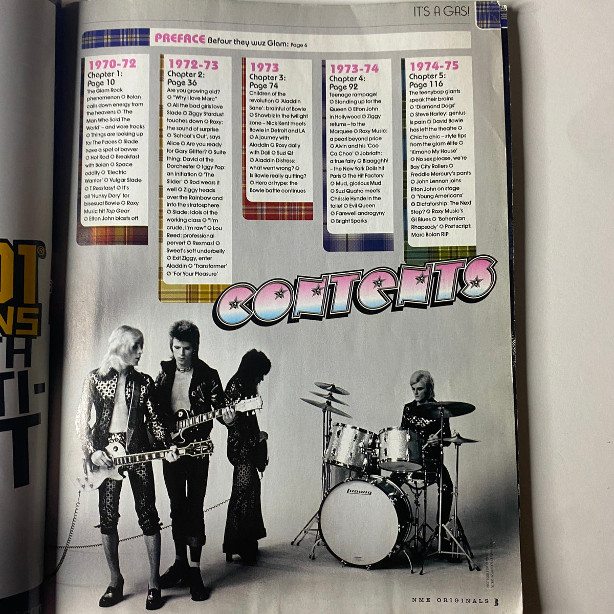 Inside page of Uncut Magazine Presents NME Originals Vol 1 Issue 15, displaying the contents section, highlighting musical icons like David Bowie and T. Rex, and the glam rock timeline from 1970-75.