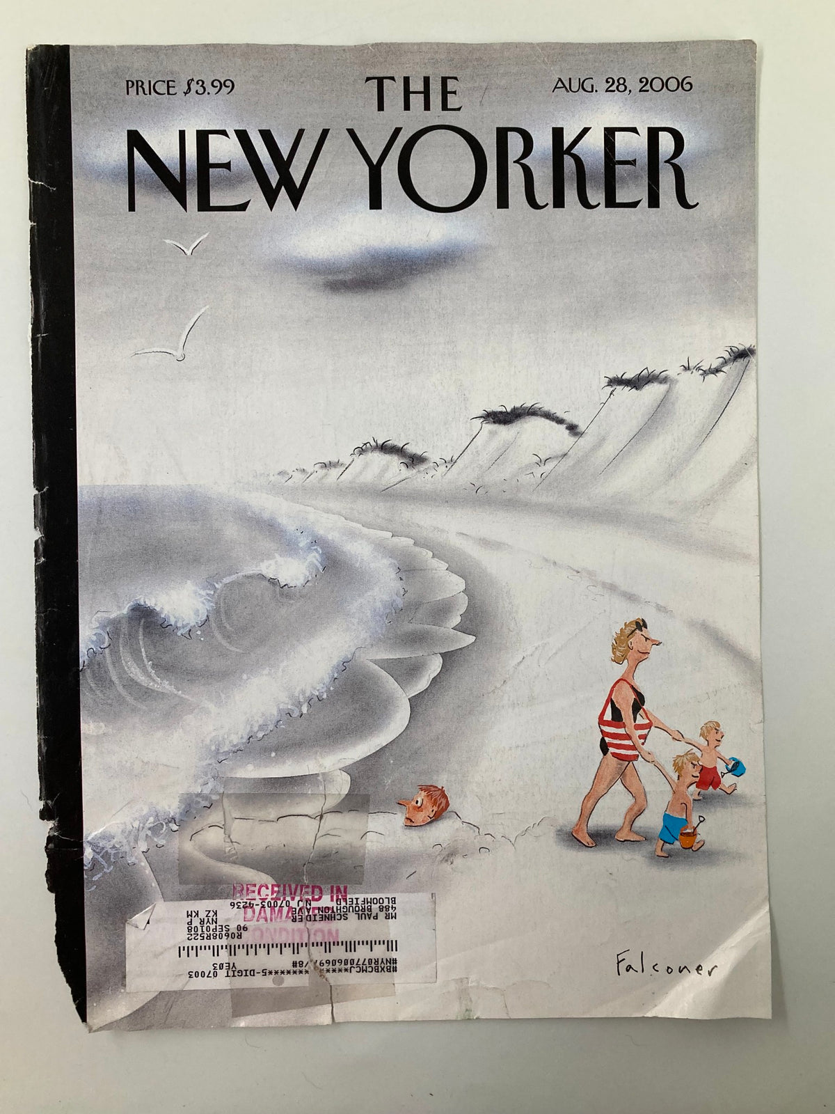 The New Yorker magazine cover from August 28 2006, 'An Incoming Tide' by Ian Falconer, displaying a family at the beach with notable wear and an address label affixed to the front.
