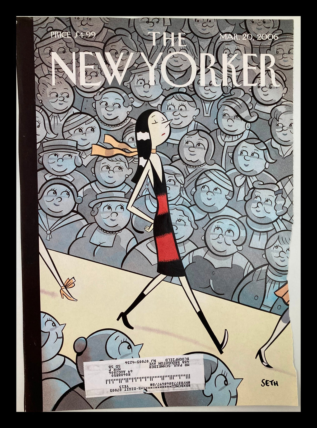 The New Yorker March 20 2006 Cover Image, featuring the illustration "The Skinny on Fashion" by Seth, depicting a stylish figure walking past an audience in a vintage art style.
