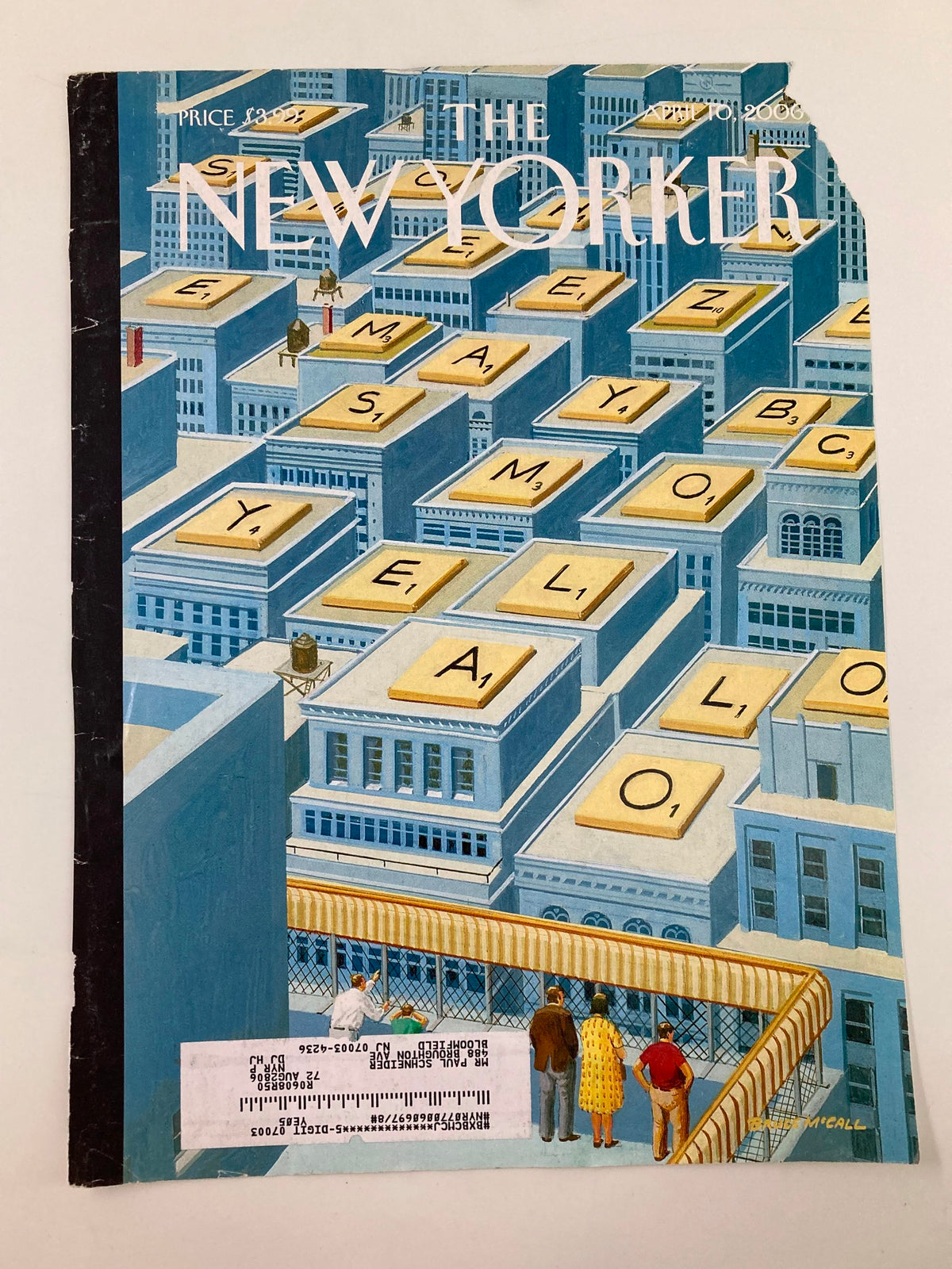 Cover of The New Yorker, April 10, 2006, featuring the illustration 'View from the Top' by Bruce McCall, displaying a colorful cityscape with oversized letter tiles.