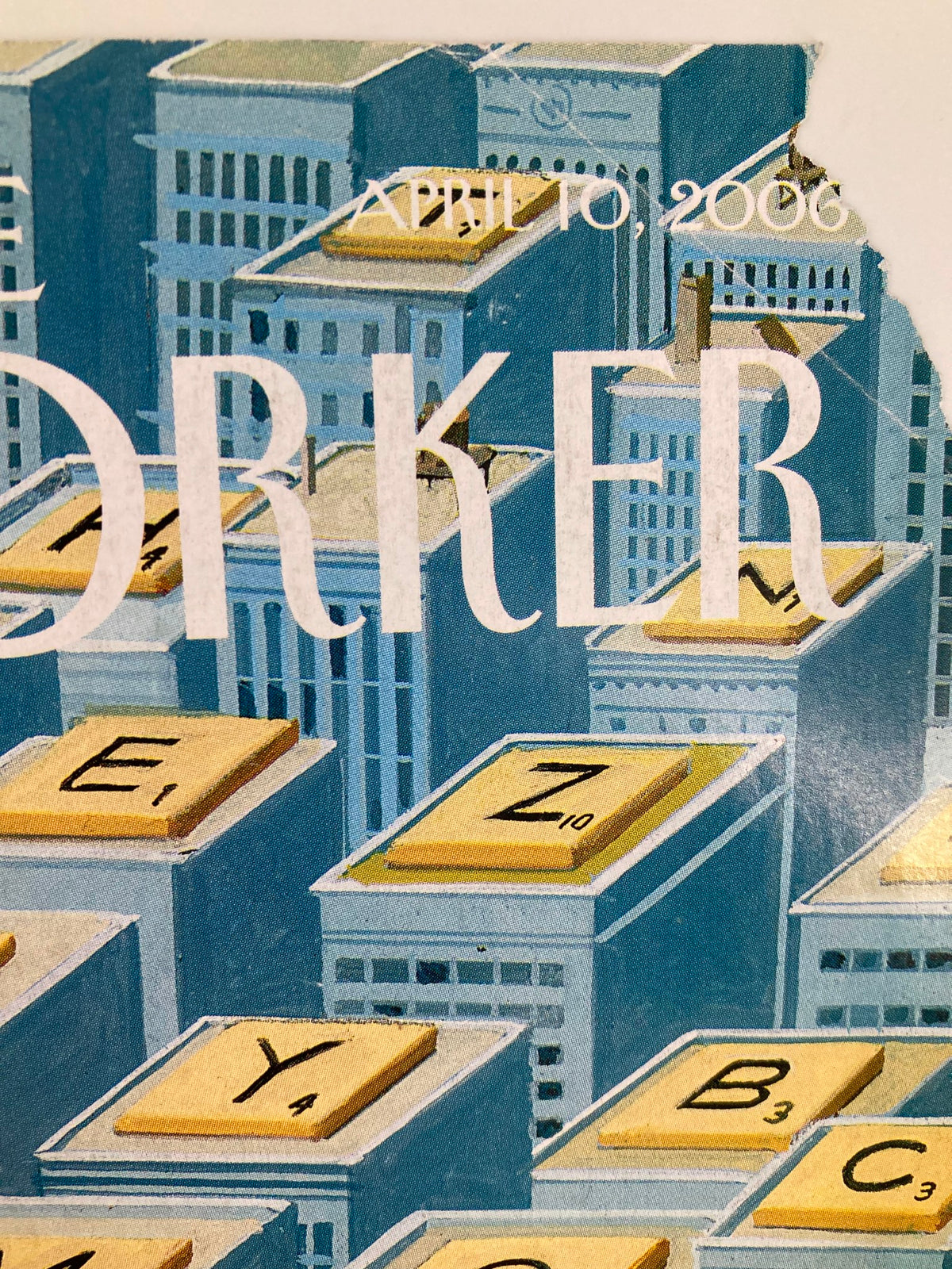 Close-up of the title 'The New Yorker' on the cover from April 10, 2006, featuring the artwork 'View from the Top' by Bruce McCall, highlighting the cityscape and letter tiles.