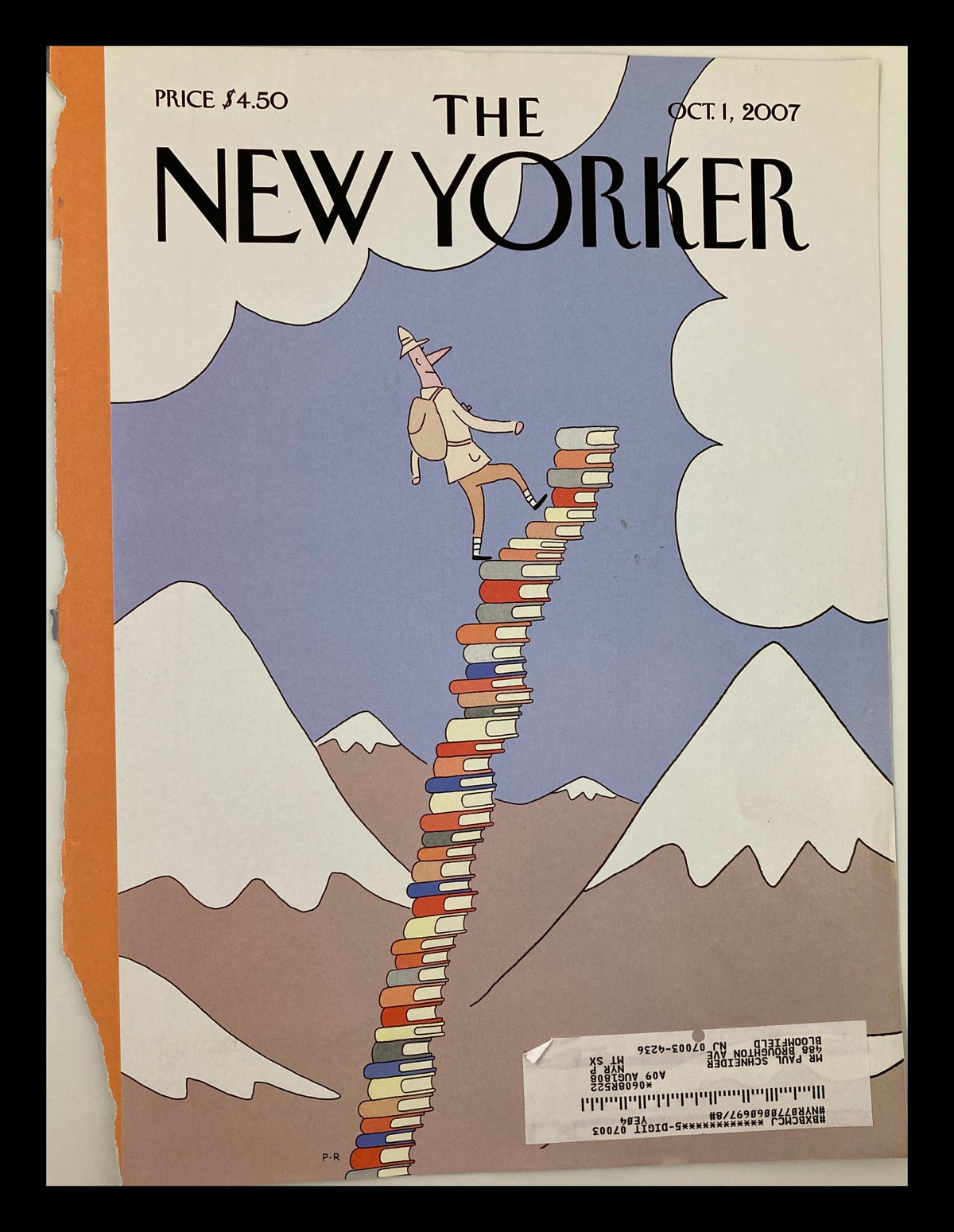 Cover of The New Yorker October 1, 2007, featuring the illustration 'Stairway to the Stars' by Petit-Roulet, showing a character climbing a stack of books amidst mountains.
