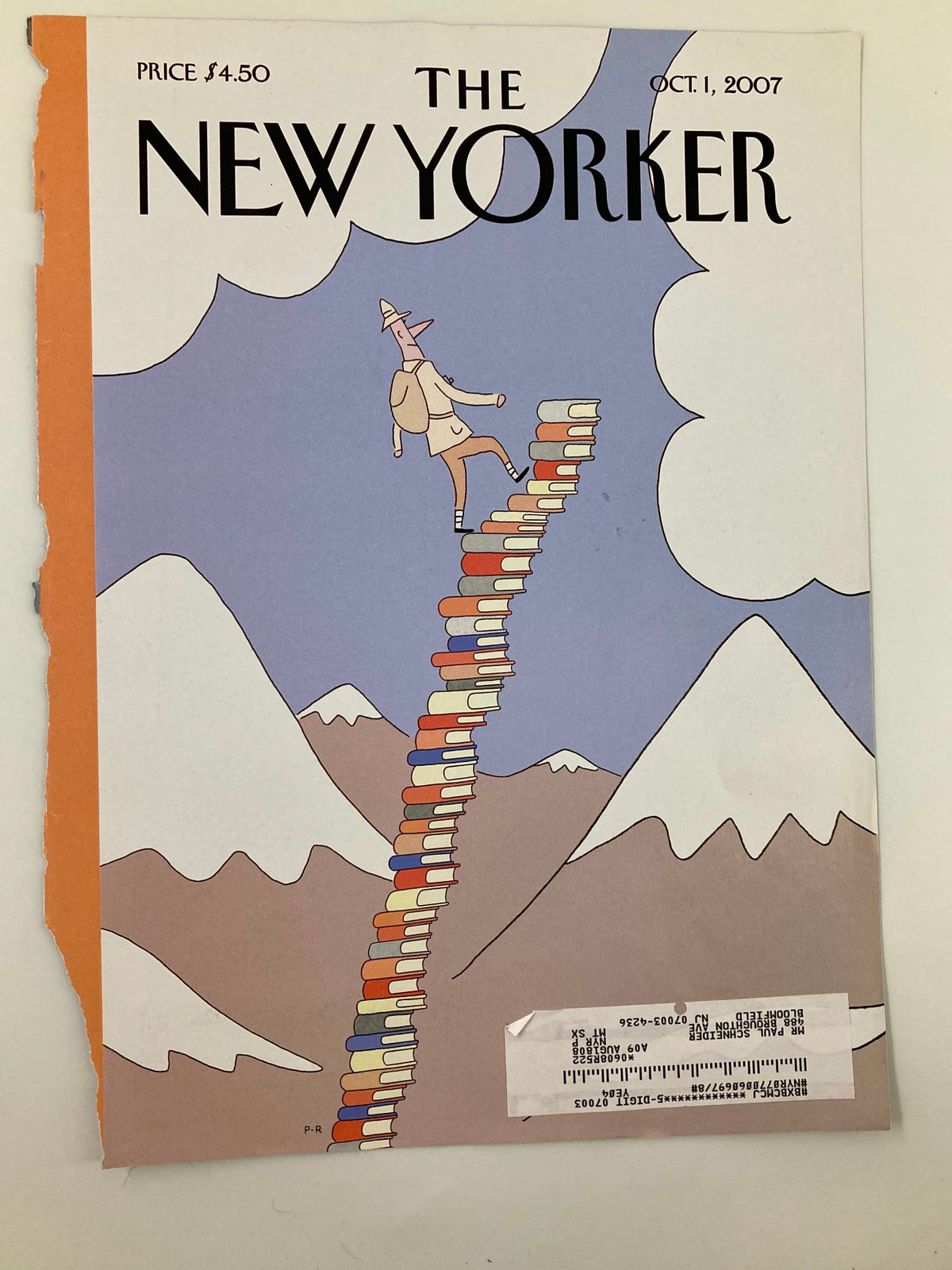 The New Yorker cover from October 1, 2007, illustrating 'Stairway to the Stars' by Petit-Roulet, depicting a whimsical character ascending a book staircase with mountains in the background.