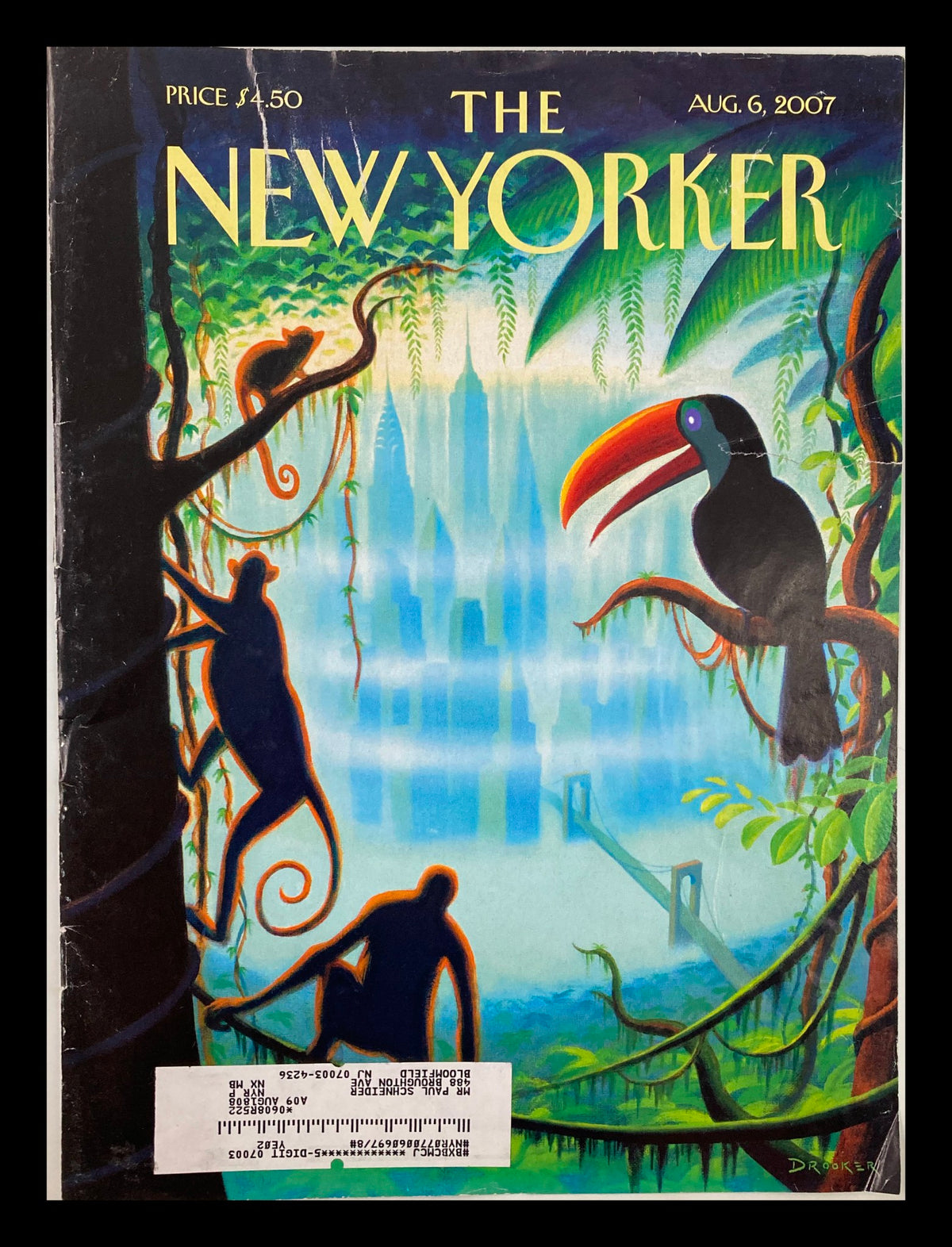 Cover of The New Yorker dated August 6, 2007, titled 'Urban Jungle' by Eric Drooker, featuring vibrant jungle scenery with toucan and silhouettes of monkeys.