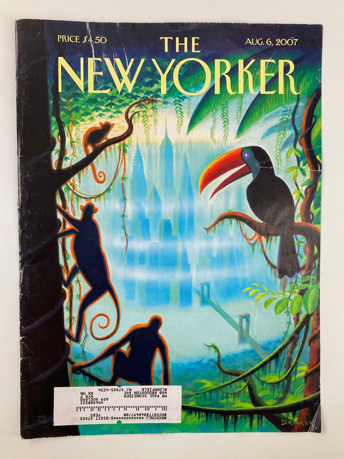 Cover of The New Yorker dated August 6, 2007, titled 'Urban Jungle' by Eric Drooker, showcasing colorful jungle elements and wildlife, including a toucan and monkey silhouettes.