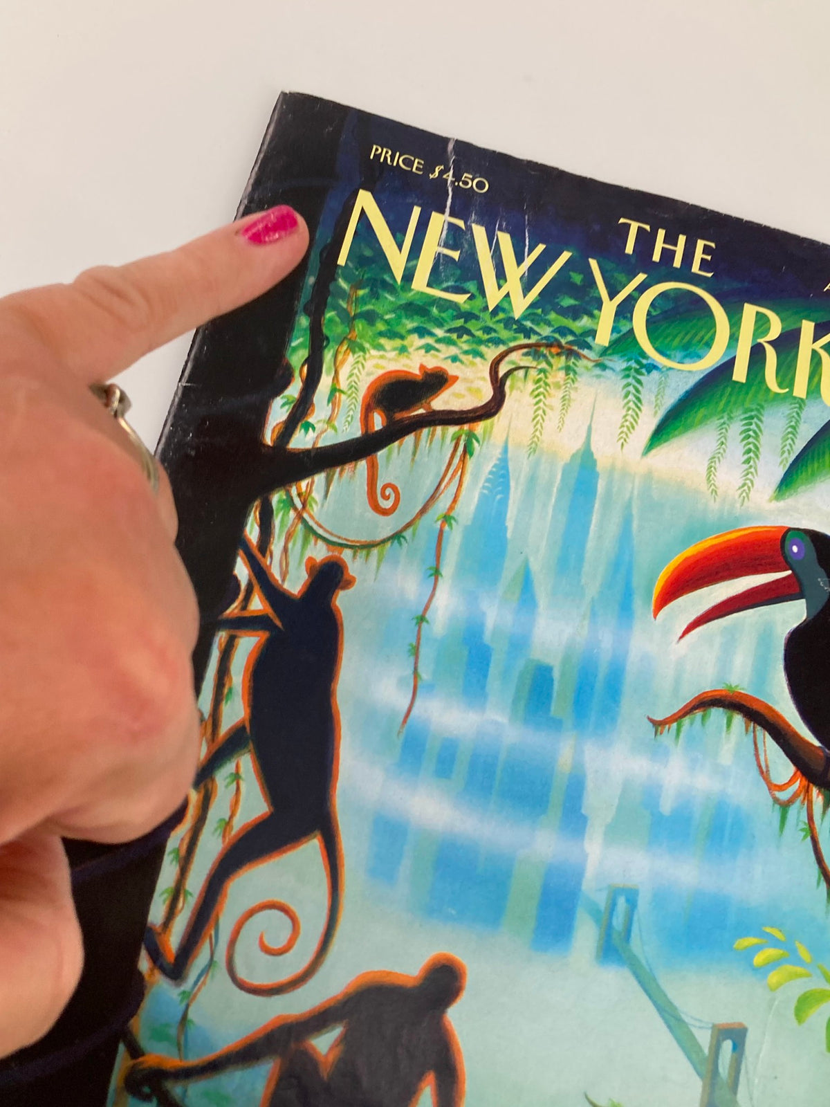 Close-up view of The New Yorker August 6 2007 cover titled 'Urban Jungle' by Eric Drooker, highlighting the magazine's title and vibrant artwork featuring urban wildlife.