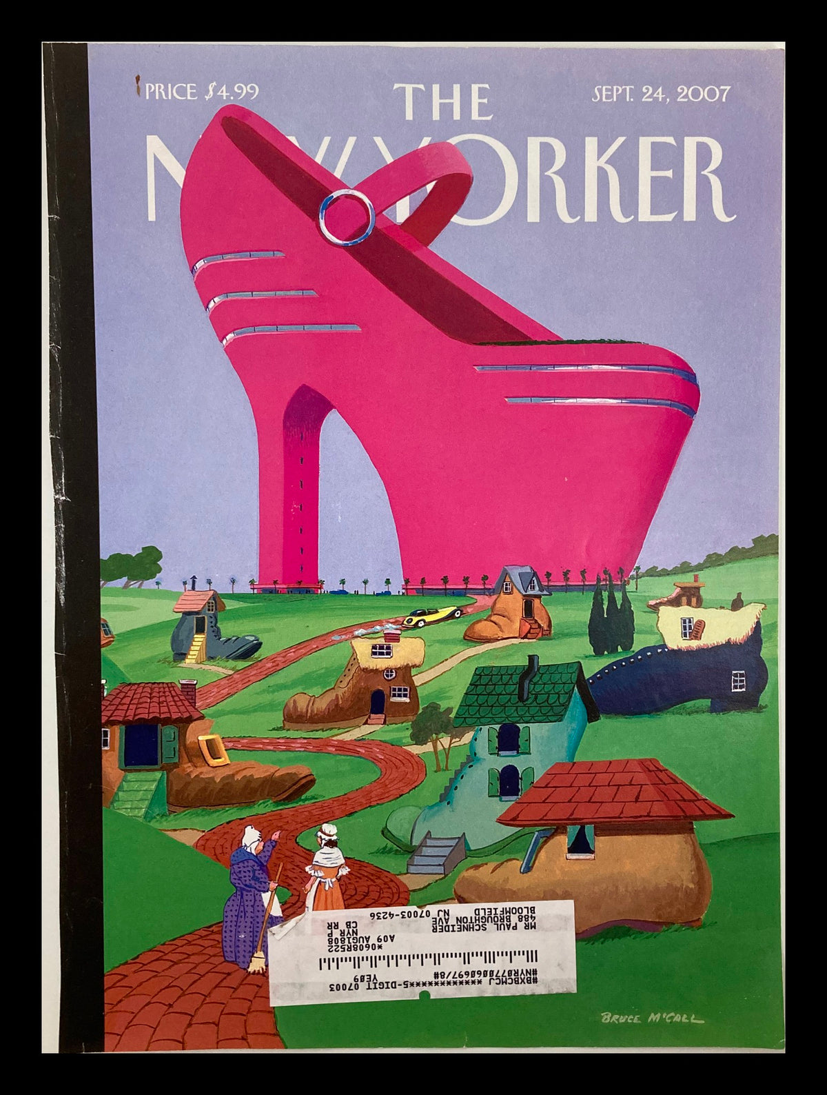 Cover of The New Yorker, dated September 24, 2007, featuring whimsical artwork titled 'There Goes the Neighborhood' by Bruce McCall, showcasing a pink high-heeled shoe and unique neighborhood scenes.