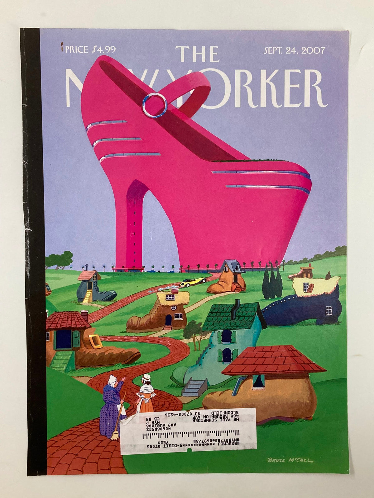 The New Yorker cover from September 24, 2007, displaying Bruce McCall's imaginative illustration 'There Goes the Neighborhood,' with a striking pink shoe and charming neighborhood landscape.