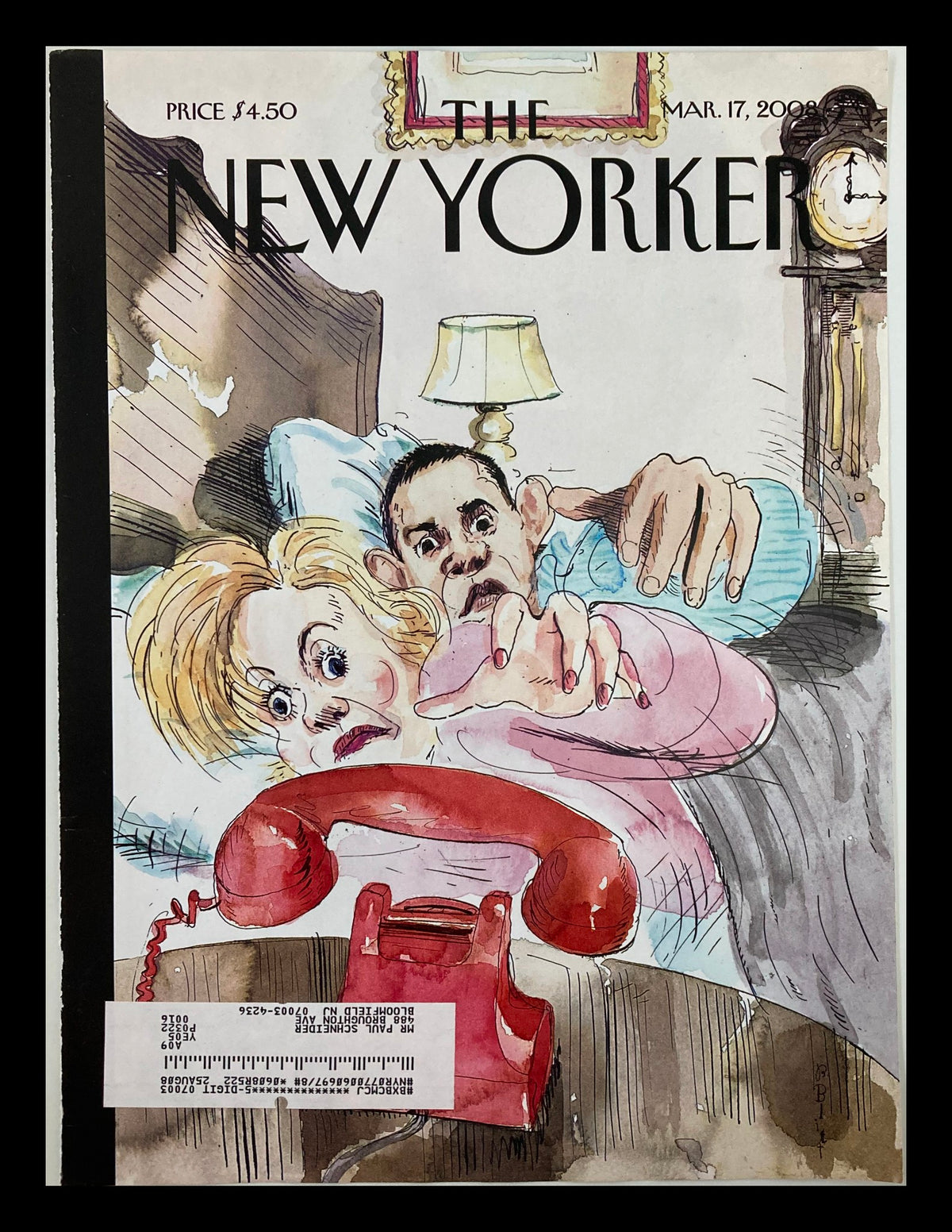 Cover of The New Yorker dated March 17, 2008 featuring the illustration titled 'I'll Get It' by Barry Blitt, depicting a humorous scene with a woman startled by a ringing telephone while a man reaches for it, showcasing a blend of artistry and cultural commentary.