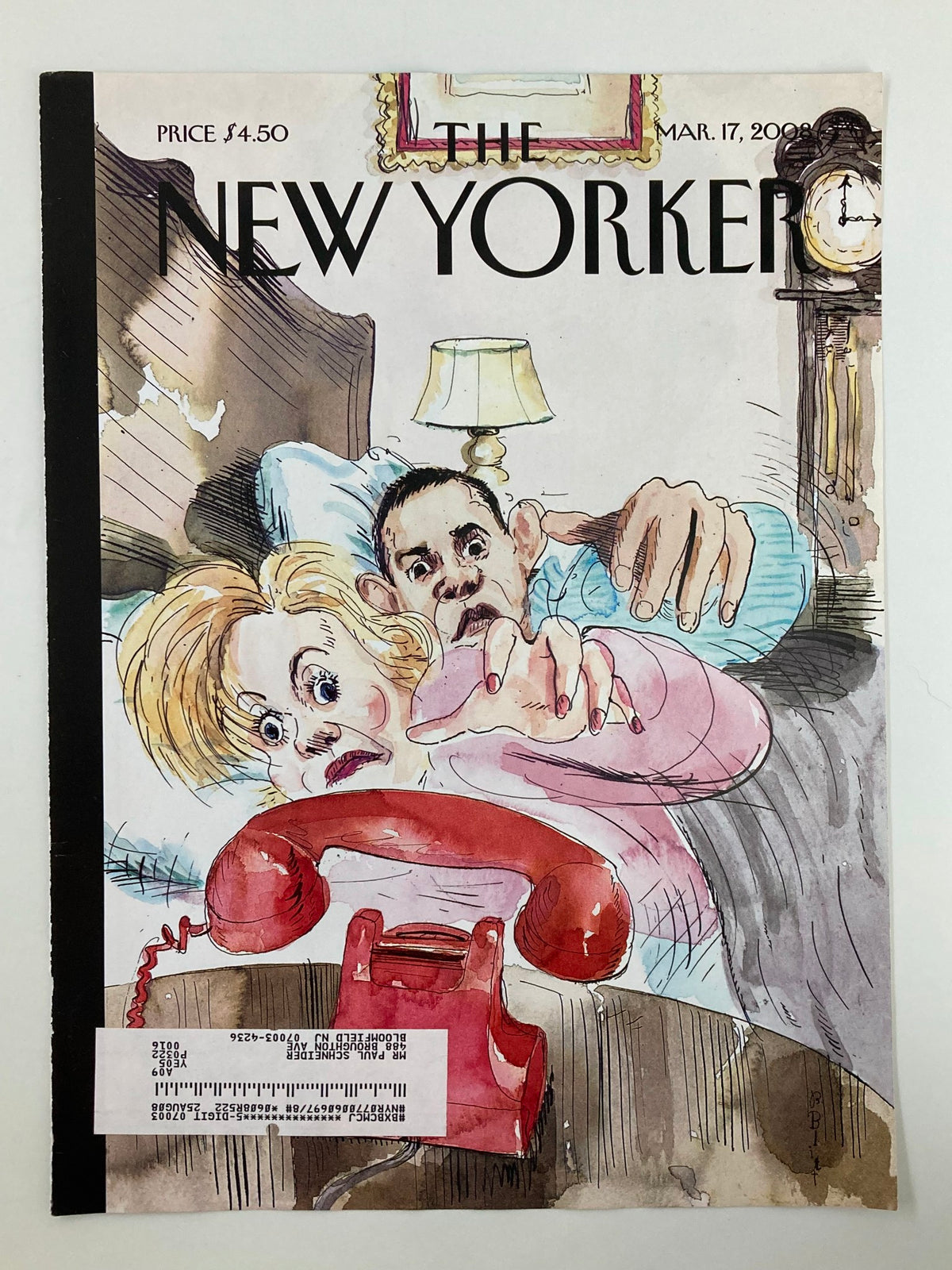 Cover of The New Yorker dated March 17, 2008 illustrated by Barry Blitt, featuring a comedic portrayal of a woman and man reacting to a ringing telephone, highlighting the magazine's signature style and wit.