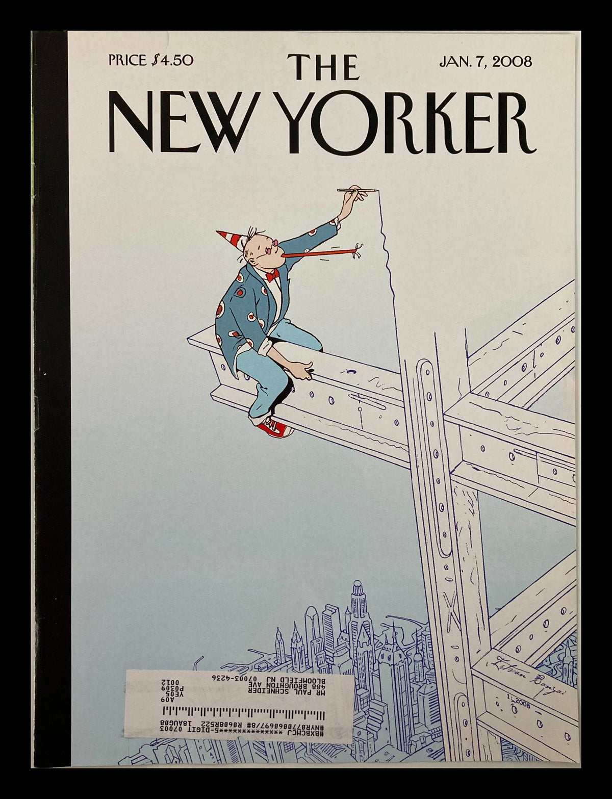 The New Yorker January 7 2008 cover titled 'On The Edge' by Istvan Banyai featuring a whimsical illustration of a character with a party hat atop a construction beam, set against a light blue background.