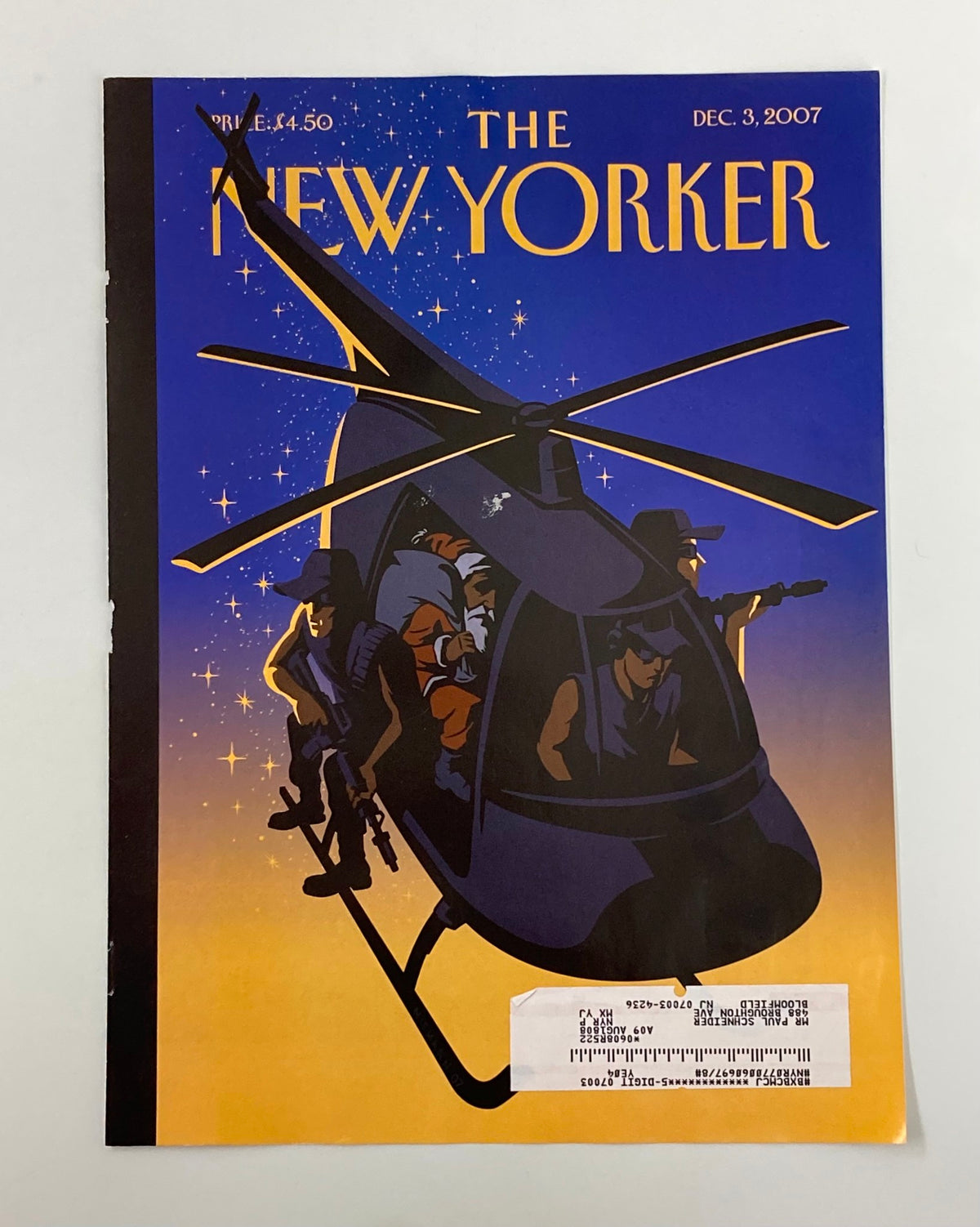 COVER ONLY The New Yorker December 3 2007, showcasing the thought-provoking artwork 'Violent Night' by Christoph Niemann, illustrating a helicopter with characters against a night sky.