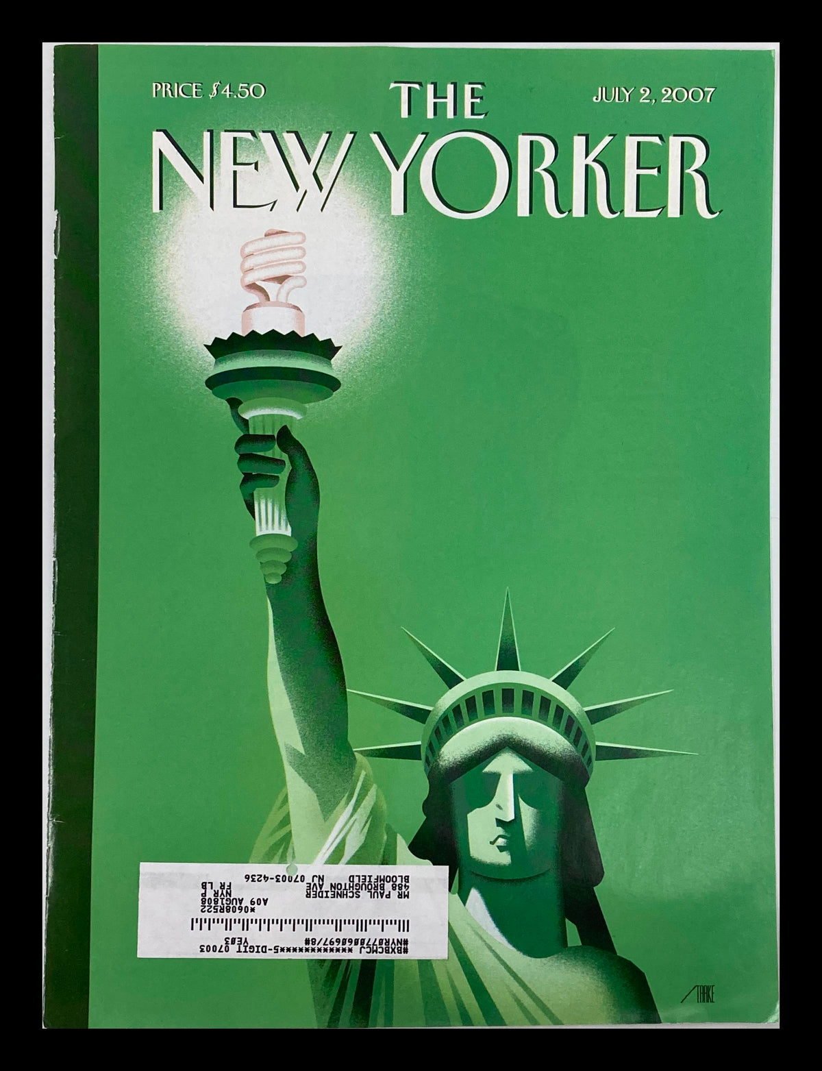 COVER ONLY The New Yorker July 2 2007 Light of Liberty by Bob Staake featuring the Statue of Liberty in vibrant green tones.