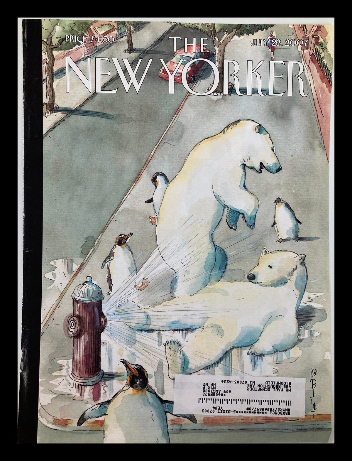 The New Yorker July 23 2007 'Cooling Off' cover illustration by Barry Blitt featuring playful polar bears and penguins around a fire hydrant.