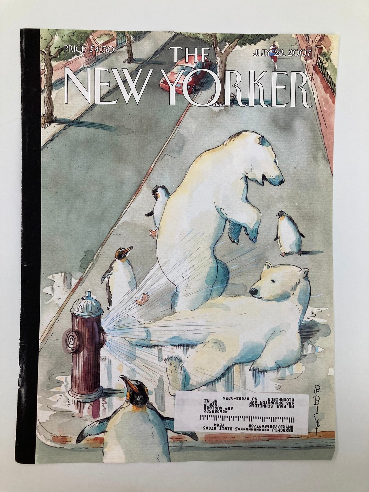 The New Yorker July 23 2007 'Cooling Off' cover by Barry Blitt, showcasing whimsical polar bears and penguins interacting with a fire hydrant.