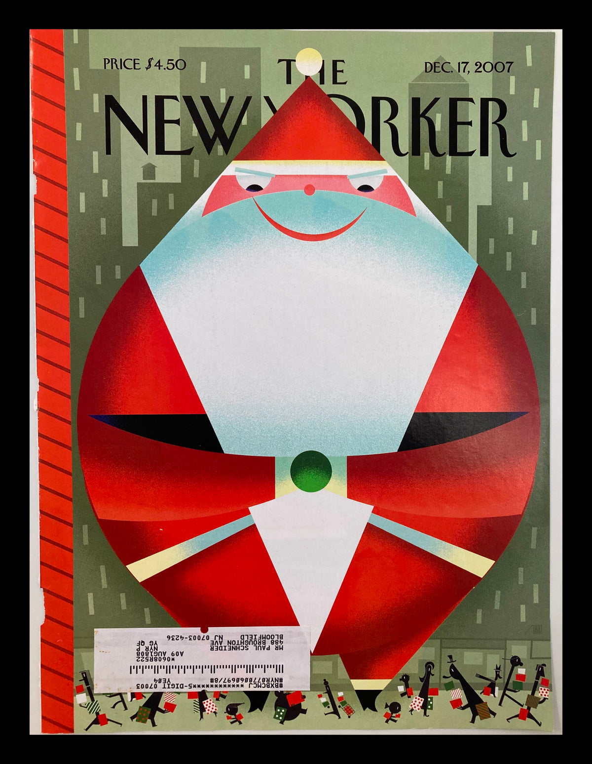 The New Yorker December 17 2007 cover featuring a colorful Santa illustration by Bob Staake, with a seasonal winter background and a festive vibe.