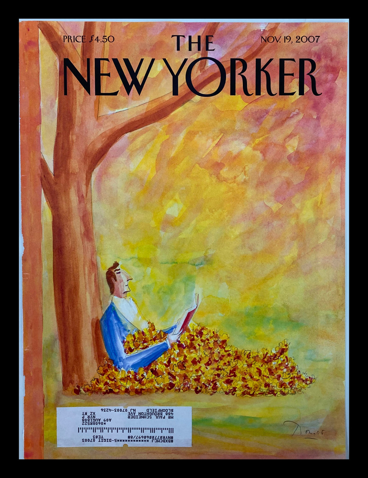 The New Yorker Cover November 19 2007 - Autumn Tales by Benoît van Innis showcasing a man reading amidst colorful autumn leaves under a tree.