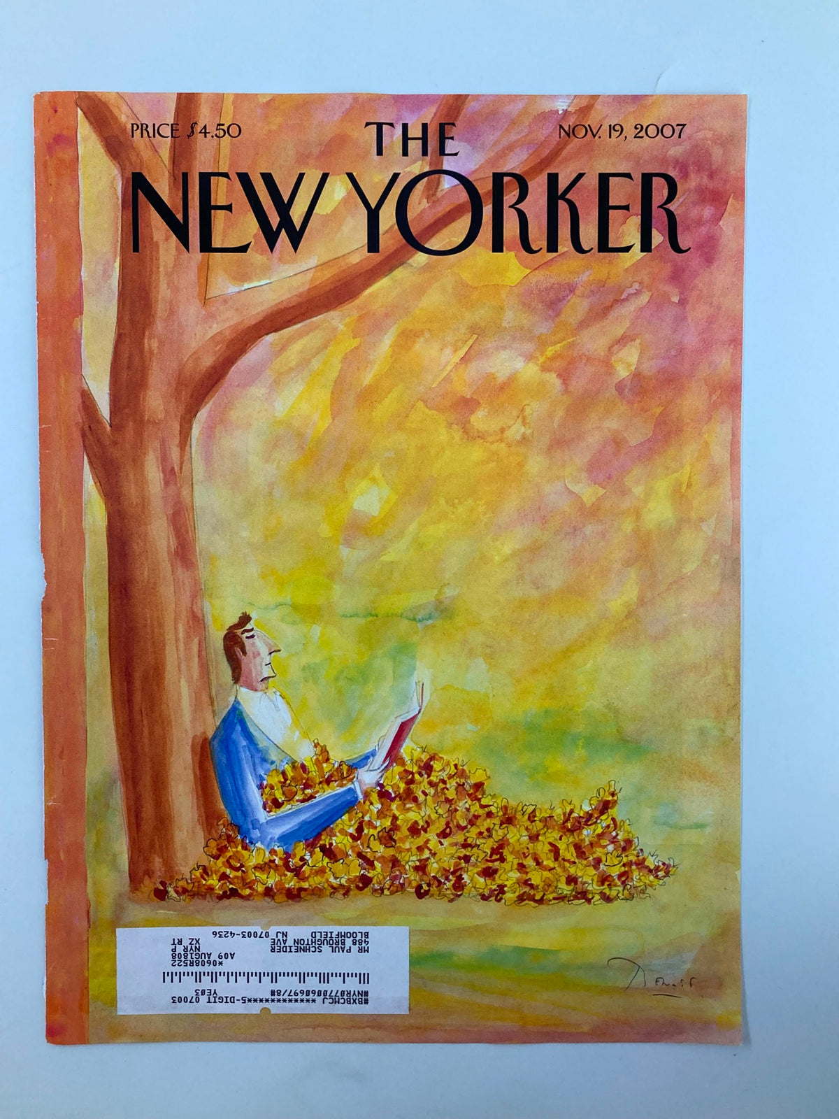 The New Yorker Cover November 19 2007 - Autumn Tales by Benoît van Innis featuring a serene scene of a man engrossed in a book surrounded by yellow foliage.