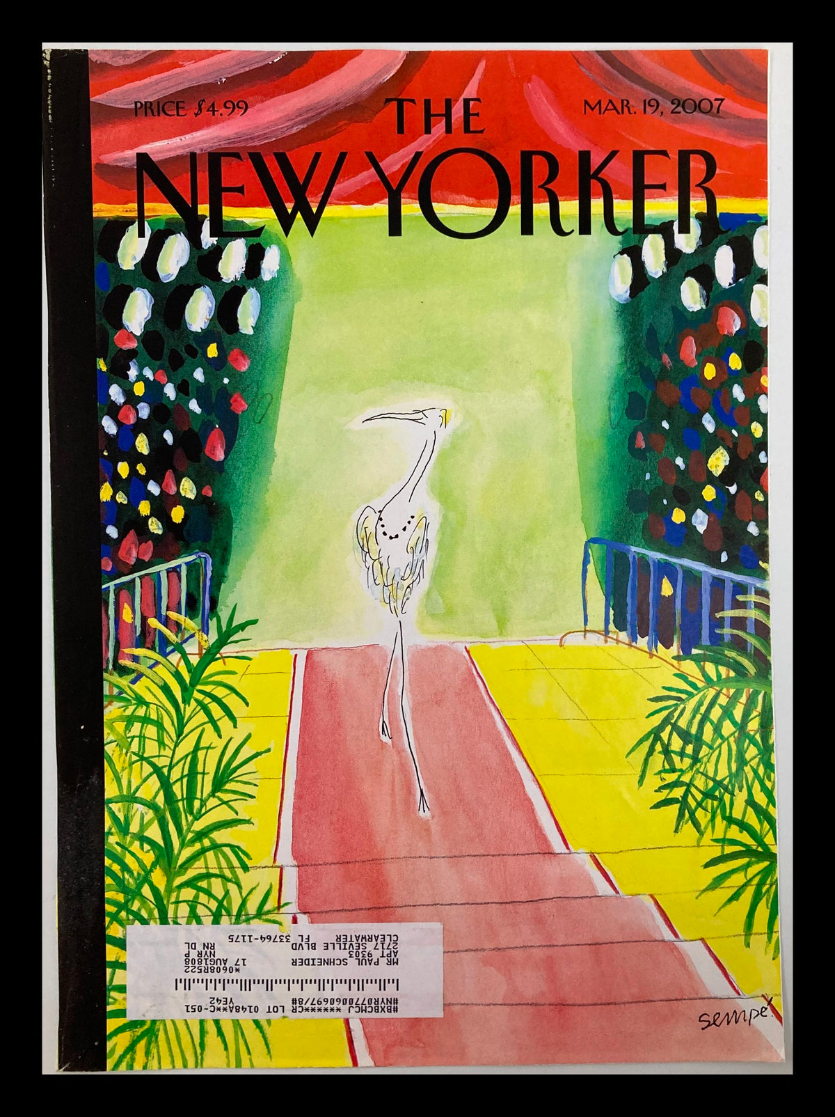 Cover of The New Yorker dated March 19, 2007, featuring whimsical artwork by J.J. Sempe, showcasing a model strutting down a vibrant catwalk surrounded by colorful floral arrangements.