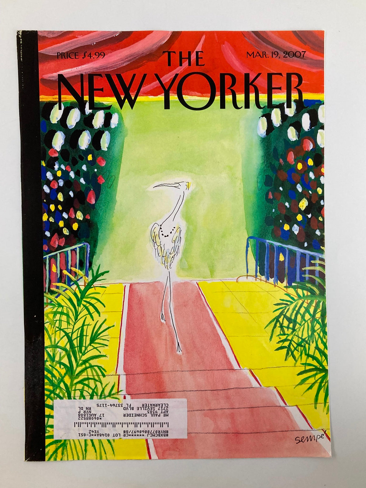 Cover of The New Yorker March 19, 2007, illustrated by J.J. Sempe, depicting a chic model on a dazzling catwalk, framed by lush greenery and bright lights, embodying high fashion.