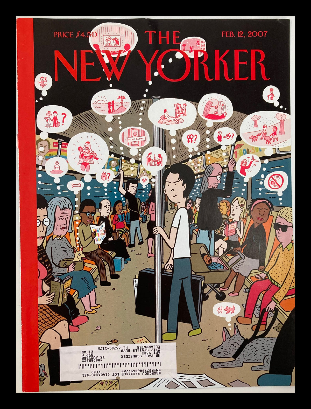The New Yorker cover from February 12, 2007, titled 'Subway Connections' by David Heatley, featuring a lively subway scene with diverse passengers and thought bubbles depicting various thoughts and ideas.