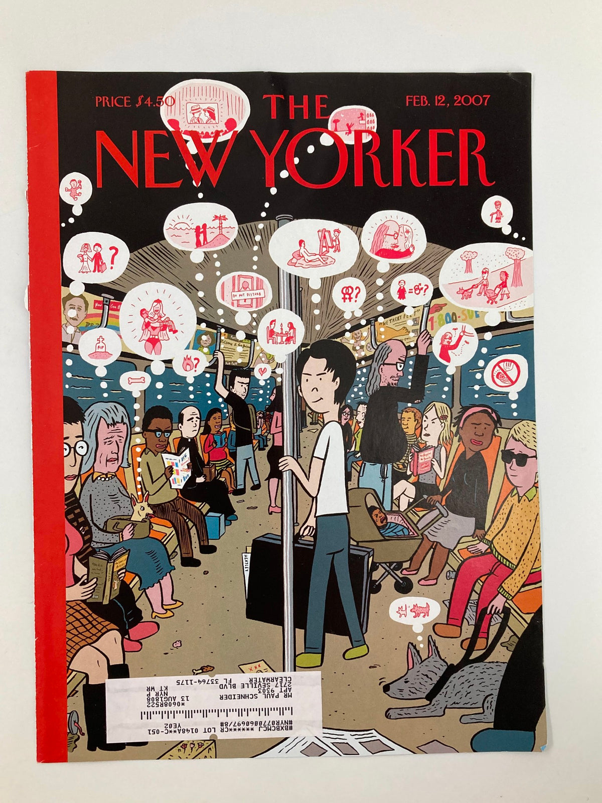 The New Yorker cover dated February 12, 2007, showcasing 'Subway Connections' by David Heatley, illustrating a vibrant subway environment filled with varied characters and their inner thoughts represented in speech bubbles.