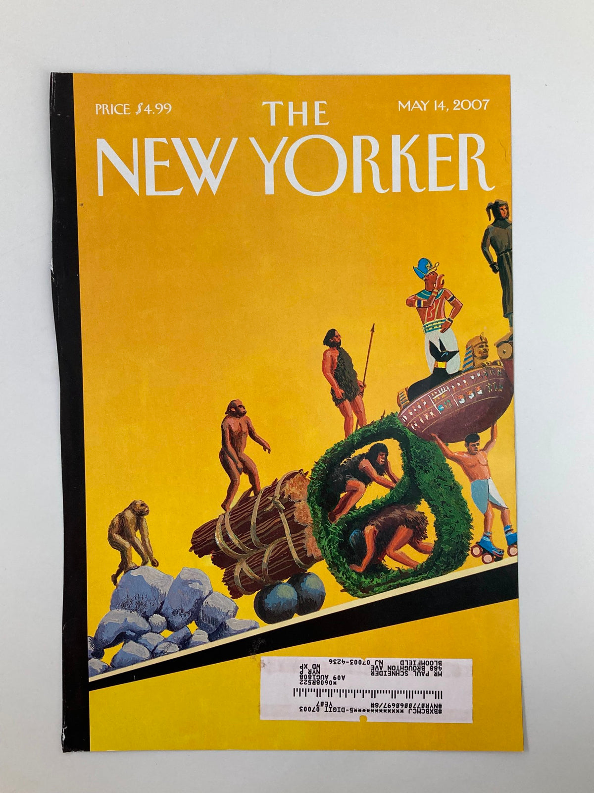 Cover of The New Yorker May 14, 2007 displaying 'The Ascent of Man' by Bruce McCall, with vibrant imagery representing societal evolution and artful commentary.