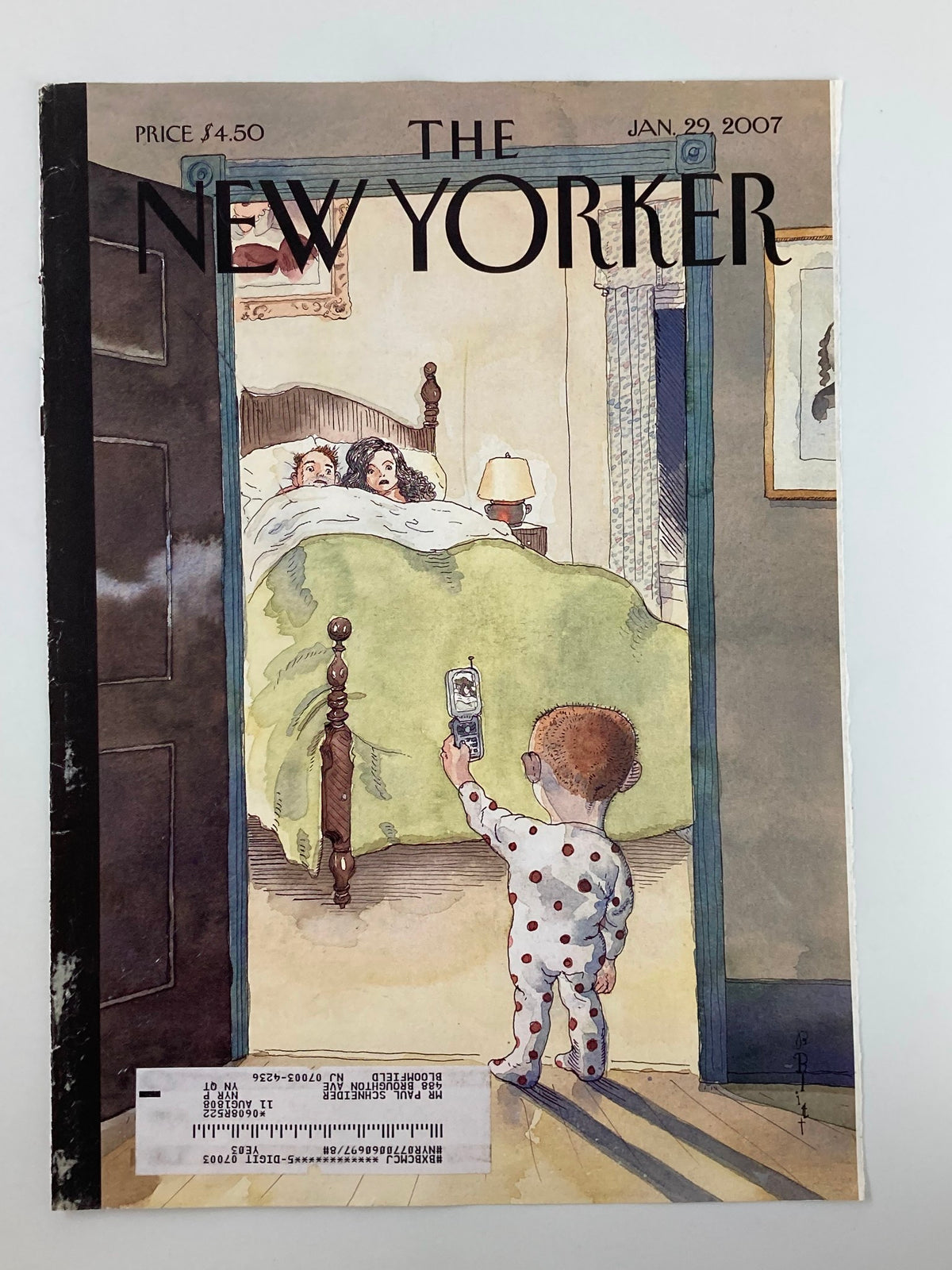 Front view of The New Yorker January 29 2007 cover 'Phone Home' by Barry Blitt, showcasing a child in polka dot pajamas and a door frame.