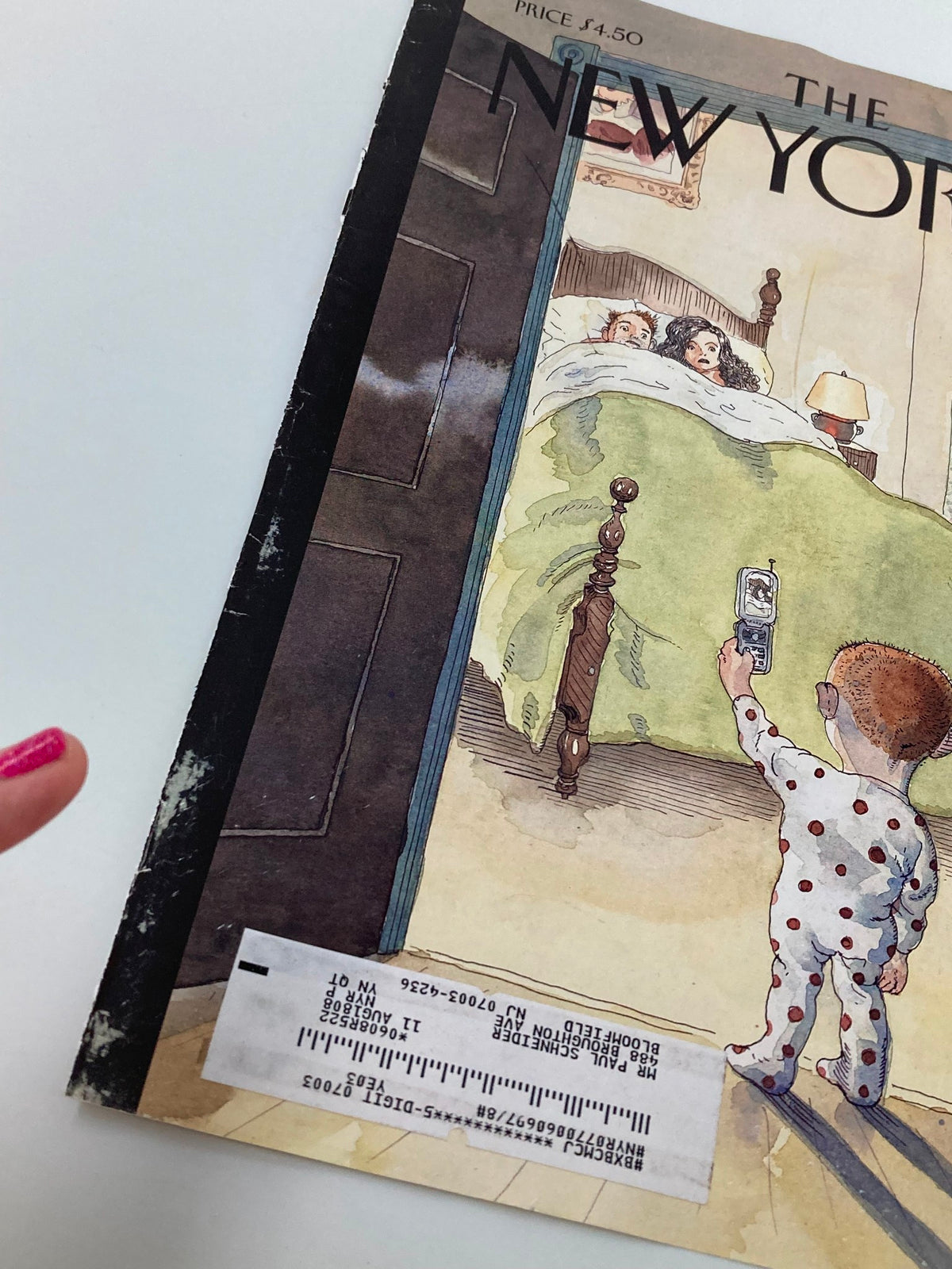 Detail shot of The New Yorker January 29 2007 cover 'Phone Home' by Barry Blitt, highlighting the condition and design, featuring a child with a phone looking at a couple in bed.
