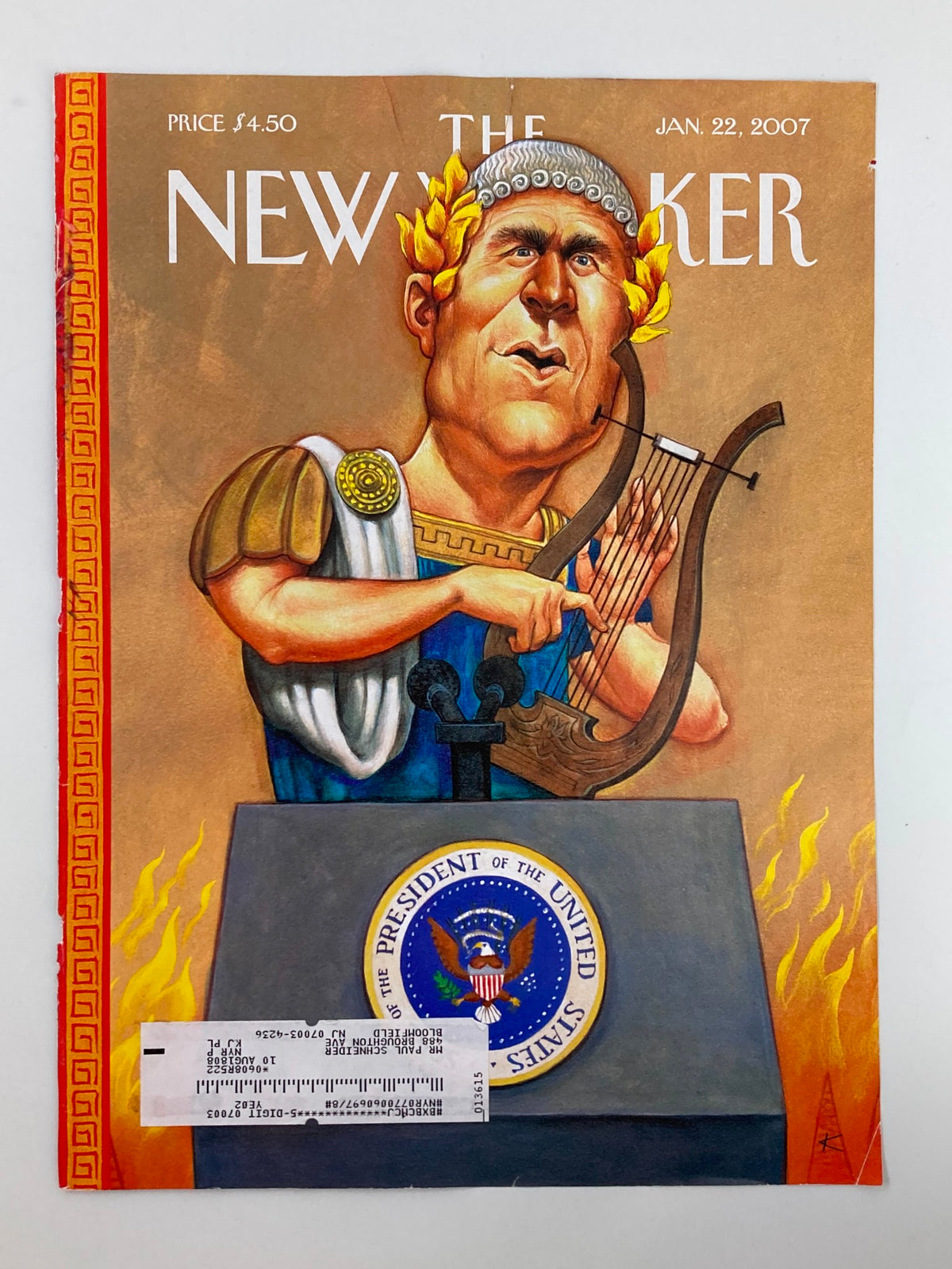 COVER ONLY The New Yorker January 22 2007 While Rome Burns by Anita Kunz, featuring a caricature of a politician playing a harp against a fiery background, symbolizing urgency.