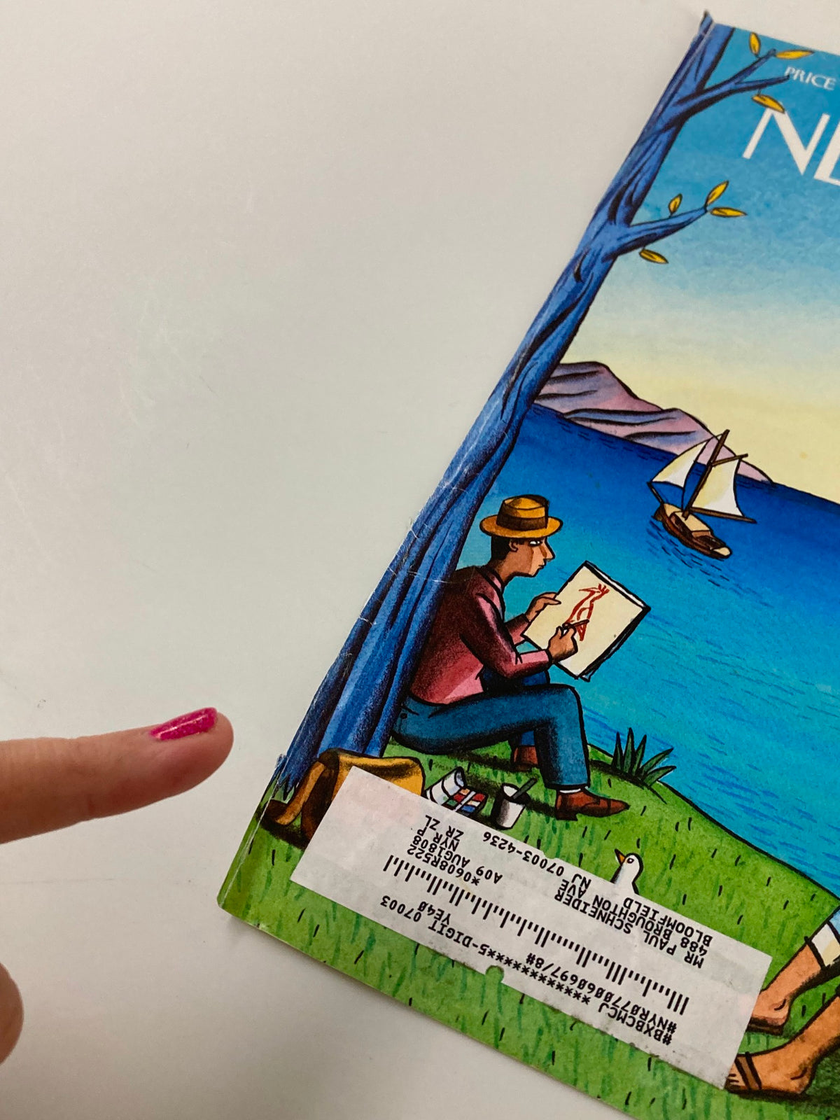 Close-up detail of The New Yorker April 16, 2007 cover, highlighting a man sketching with a beautiful bay scene in the background, from 'Rare Birds' by Jacques de Loustal.