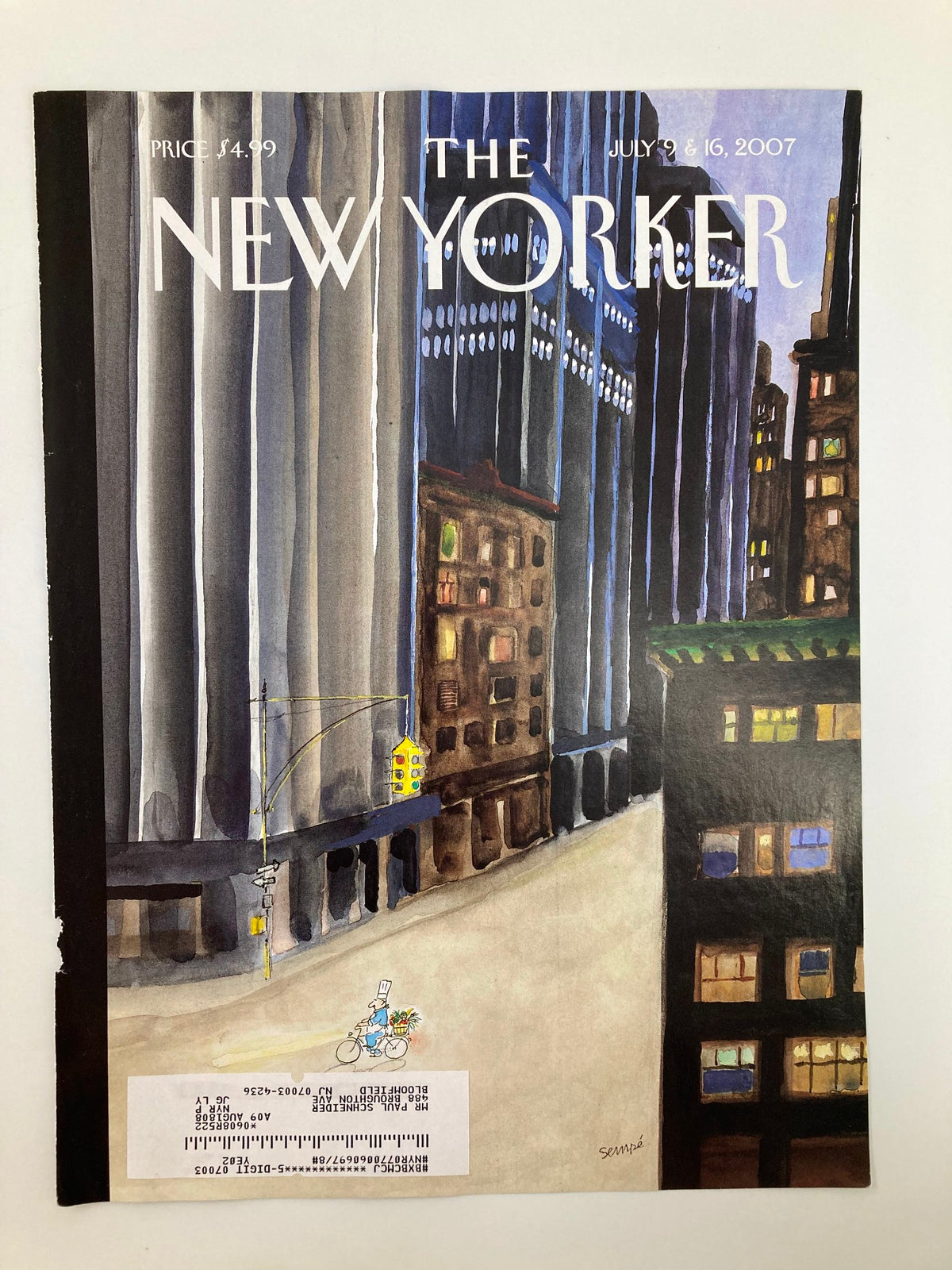 Cover of The New Yorker magazine from July 9 & 16, 2007, featuring whimsical artwork by J.J. Sempe depicting a bike delivery amidst urban skyscrapers, illustrating modern city life and delivery culture.