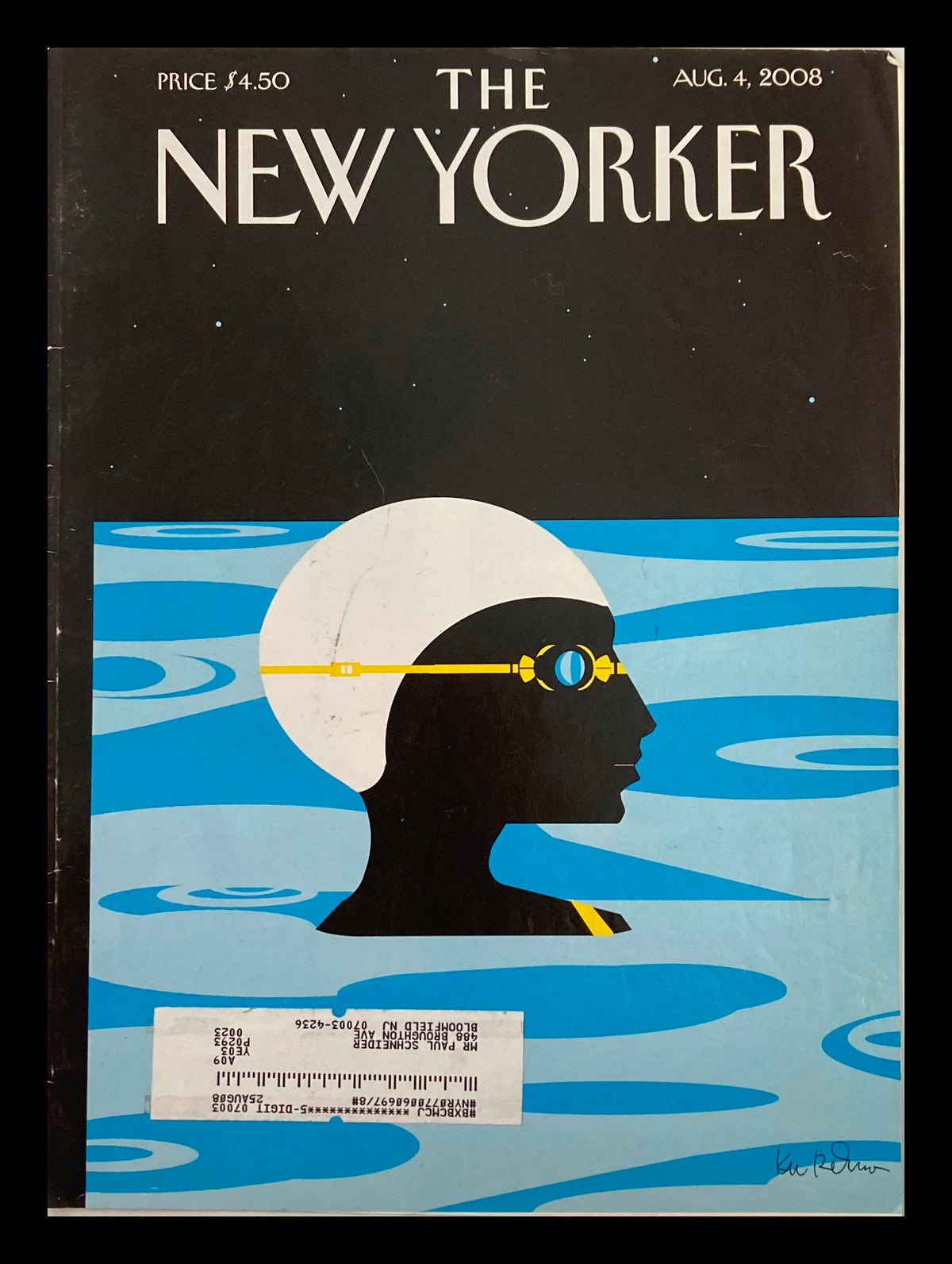 Cover of The New Yorker dated August 4, 2008 featuring 'Night Cap' illustration by Kim DeMarco, showcasing a silhouette against a blue water background.
