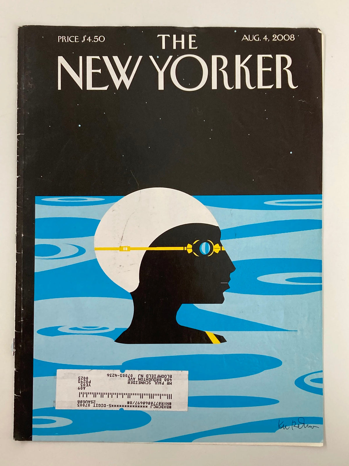 The New Yorker magazine cover from August 4, 2008 with 'Night Cap' art by Kim DeMarco, illustrating a profile in water with a black and white theme.