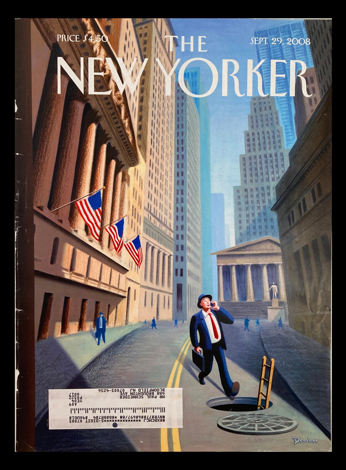 Cover only The New Yorker September 28 2008 featuring 'Man Hole' artwork by Eric Drooker, depicting a man walking down the street amidst tall buildings with American flags.