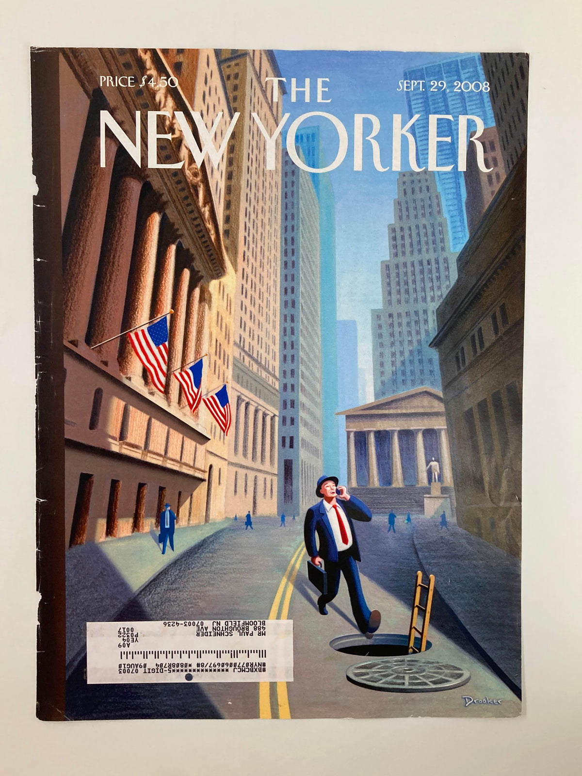 Cover only The New Yorker September 28 2008 showcasing 'Man Hole' artwork by Eric Drooker, illustrating a businessman on a city street surrounded by famous landmarks.