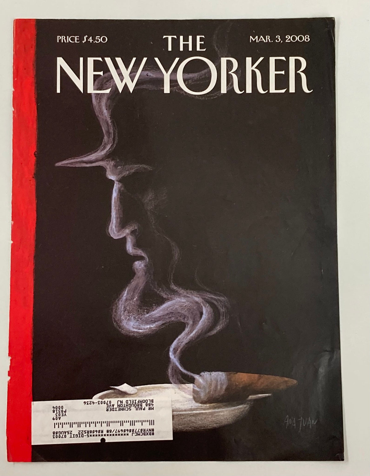 The New Yorker March 3 2008 cover titled 'Fading' by Ana Juan, presenting a mysterious profile emerging from smoke against a dark background.