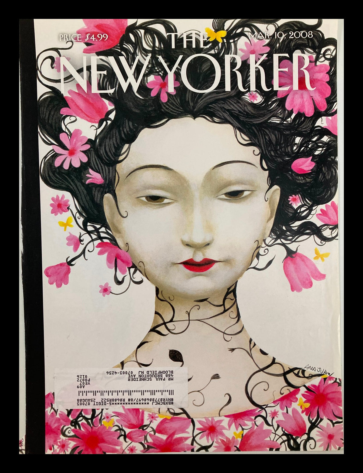 COVER ONLY The New Yorker March 10 2008 Theme Cover Blossoms by Ana Juan featuring a woman with flowing black hair adorned with pink flowers.