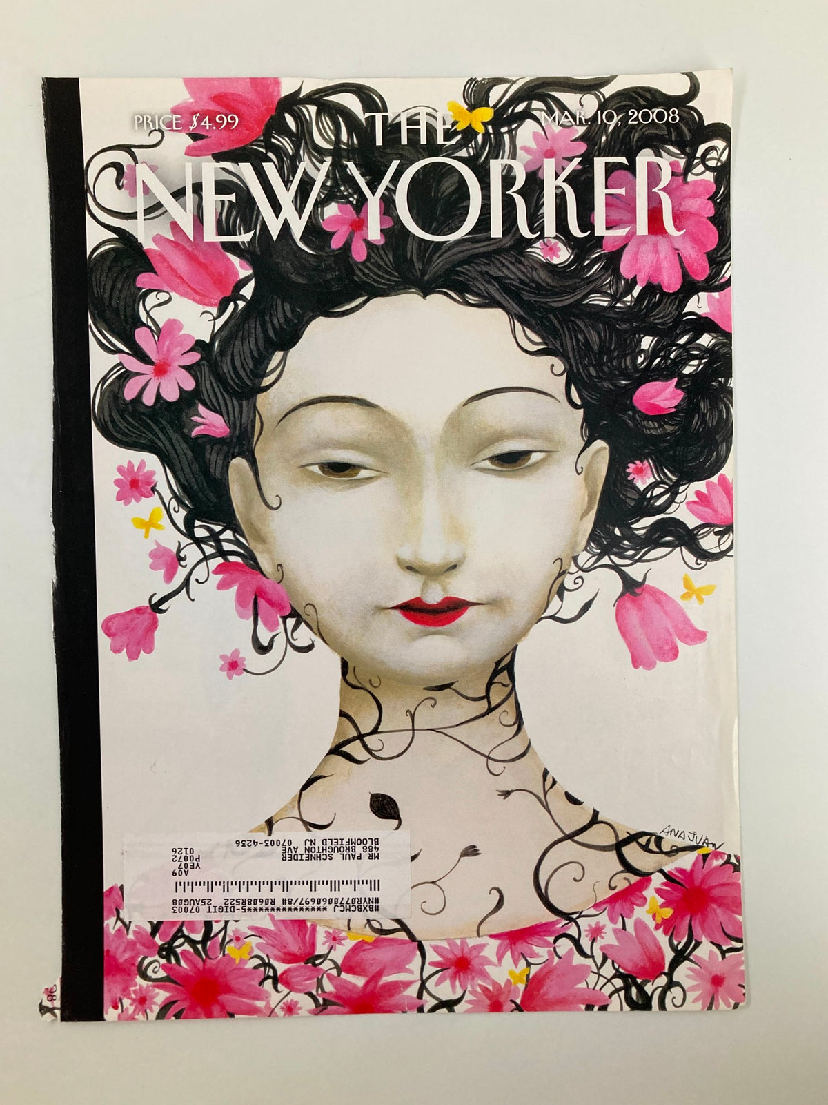 COVER ONLY The New Yorker March 10 2008 Theme Cover Blossoms by Ana Juan displaying a portrait of a woman with pink flowers in her hair against a colorful background.
