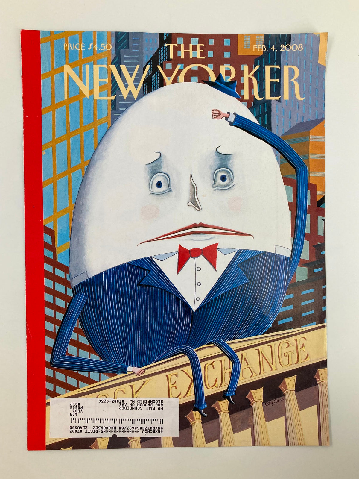 Cover of The New Yorker, February 4, 2008, titled 'Humpty Dumpty Sat On A Wall' by K. Osborn, featuring a whimsical illustration of a distressed egg character in a suit, set against a backdrop of city buildings.