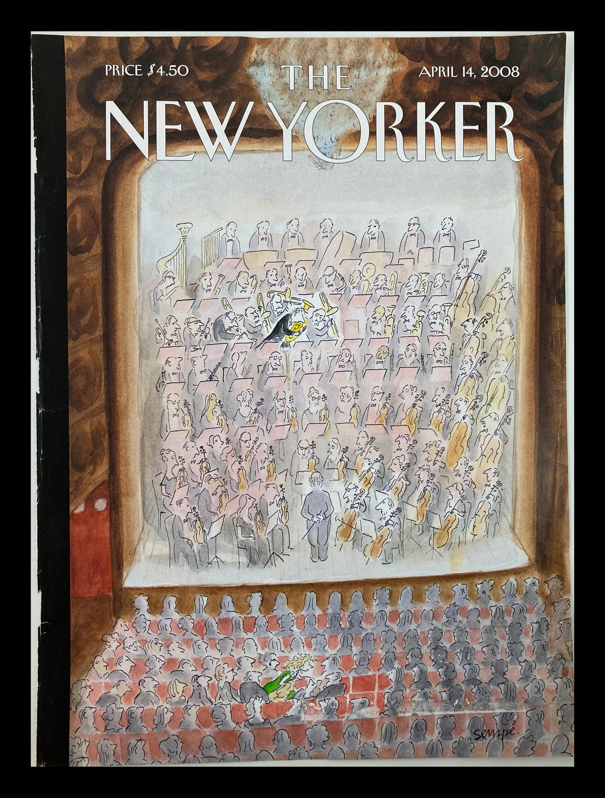 Cover of The New Yorker April 14 2008 featuring whimsical illustration by J.J. Sempe, showcasing an orchestra performance with a crowd of attentive spectators.