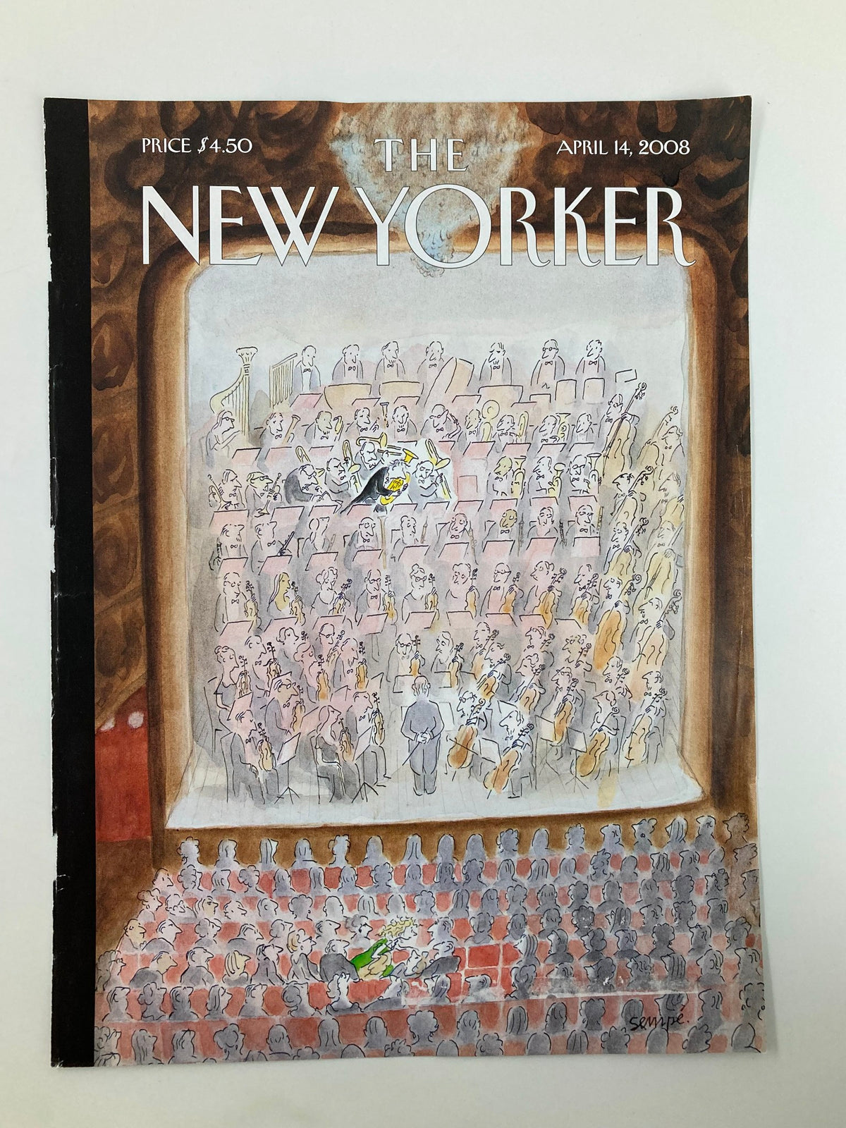 Cover of The New Yorker magazine from April 14, 2008, titled 'Without Skipping a Beat' by J.J. Sempe, featuring an illustration of a crowded orchestra with musicians and audience, highlighting the vibrant cultural scene.