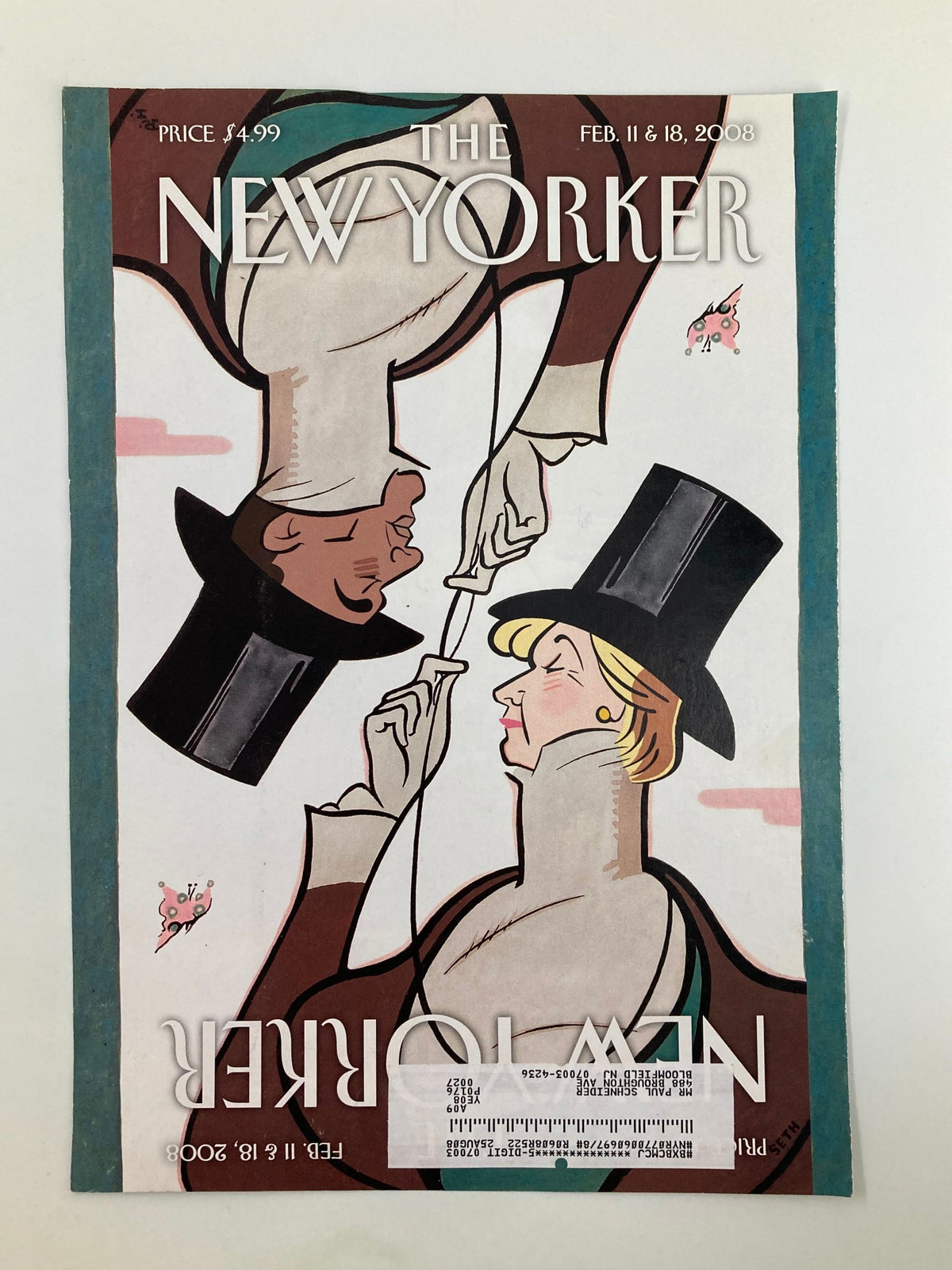 The New Yorker February 11 & 18 2008 Eustace Tilley Cover displaying two stylish figures in a whimsical pose, showcasing the artistry of Rea Irvin.