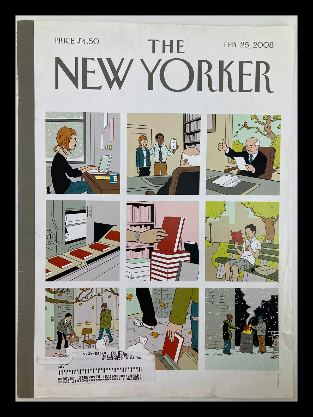 Cover of The New Yorker, February 25, 2008, featuring artwork by Adrian Tomine, showcasing a series of illustrated scenes with various characters in different settings.